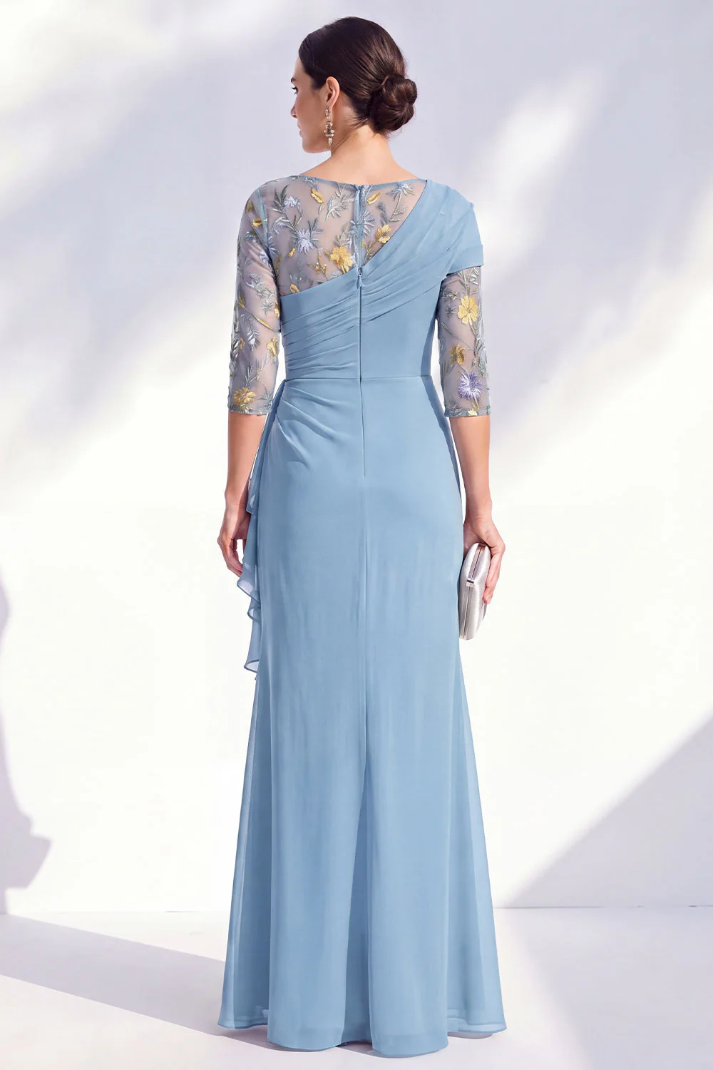 Robe longue marme de mariée en mousseline à col bateau sirène verte en chiffon - Image 6