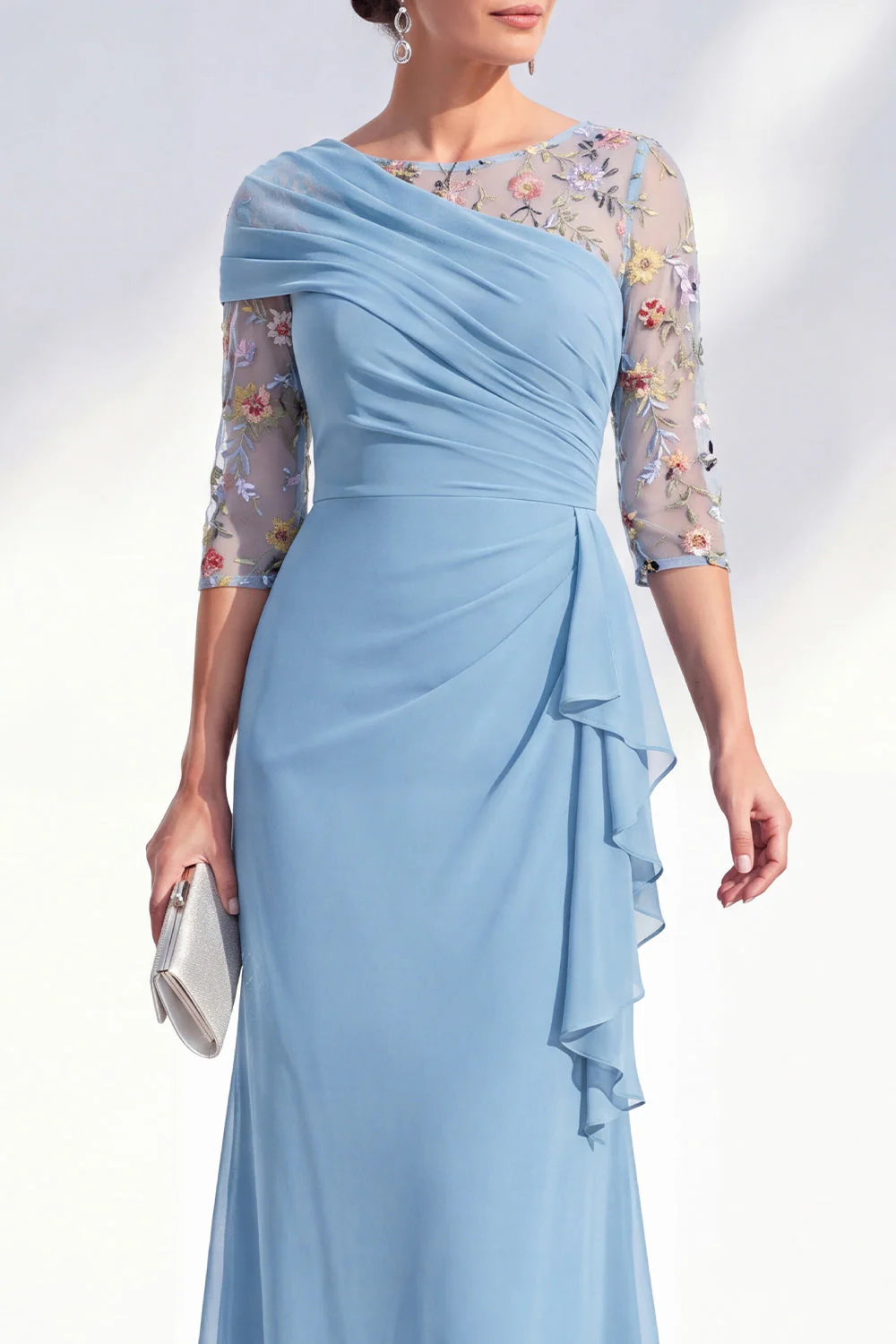 Robe longue marme de mariée en mousseline à col bateau sirène verte en chiffon - Image 7