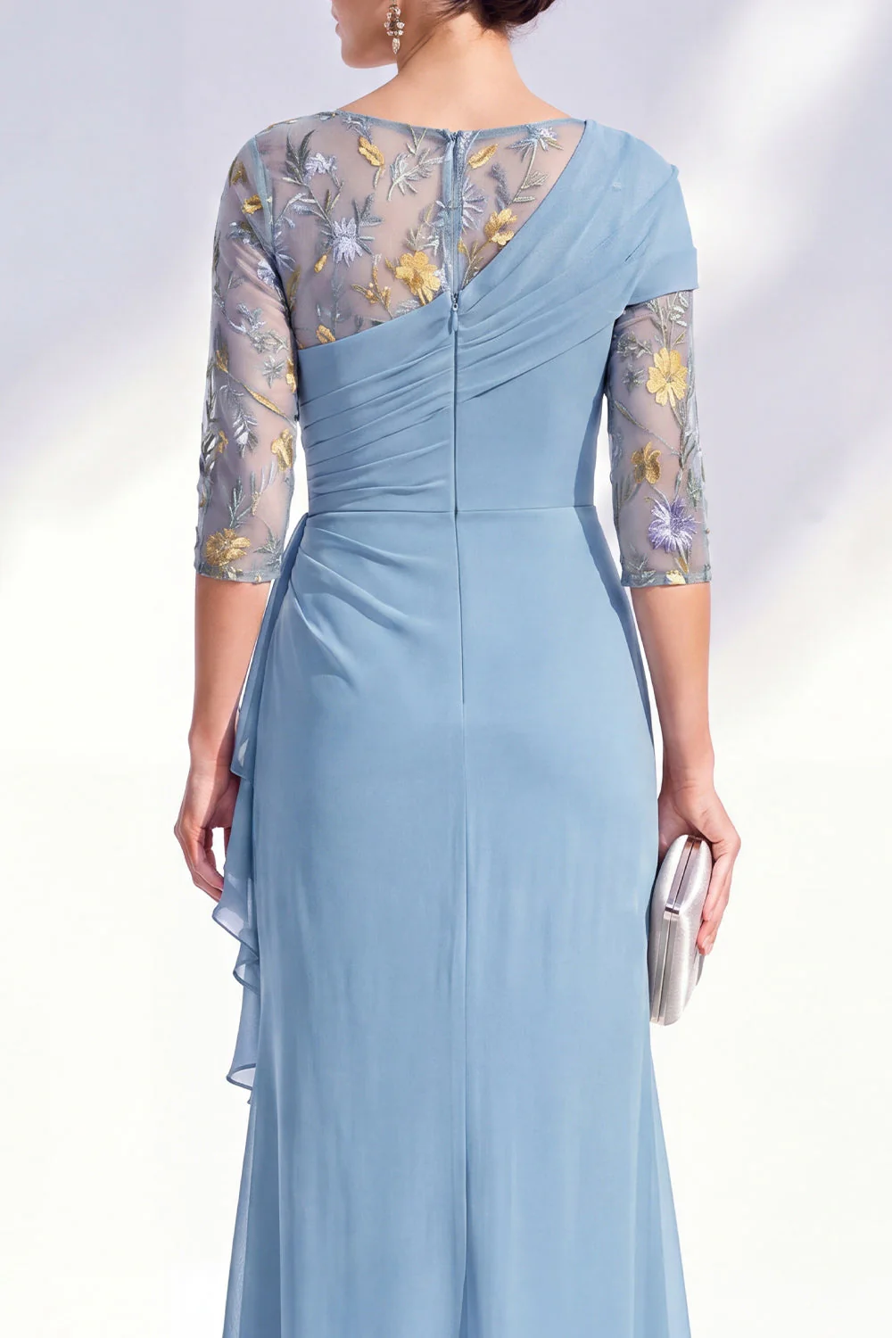 Robe longue marme de mariée en mousseline à col bateau sirène verte en chiffon - Image 8