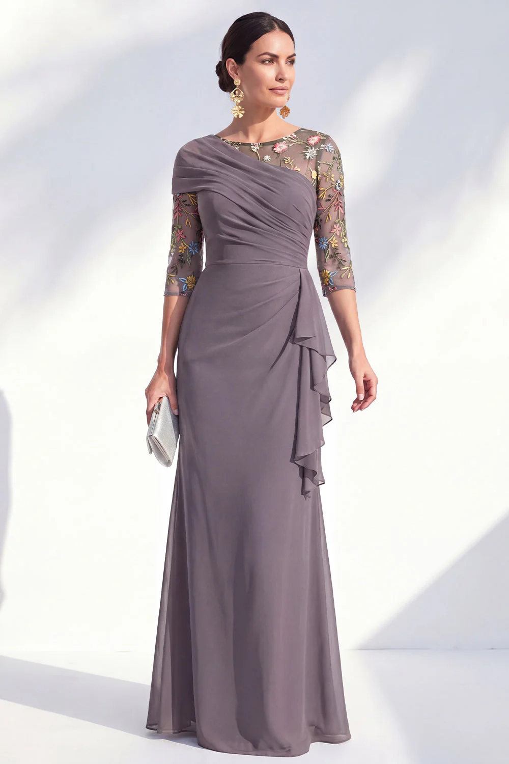 Robe longue marme de mariée en mousseline à col bateau sirène verte en chiffon - Image 9