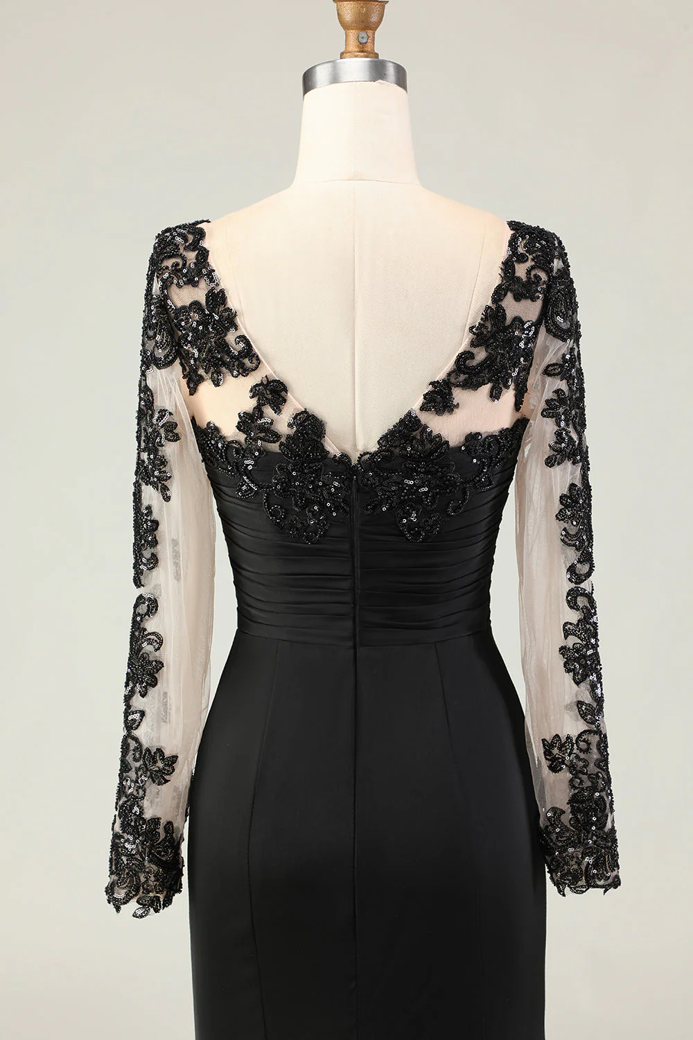 Robe longue mère de la mariée à col en V sirène noire avec appliques de dentelle - Image 7