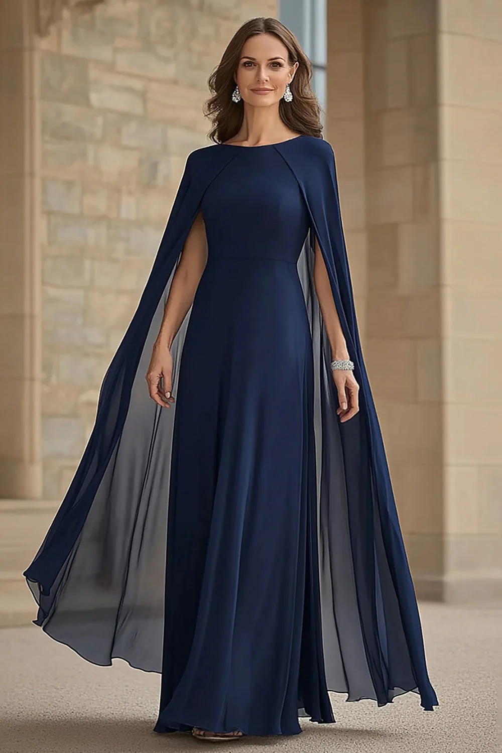 Robe longue mère de la mariée en mousseline de soie de sirène marine avec cape