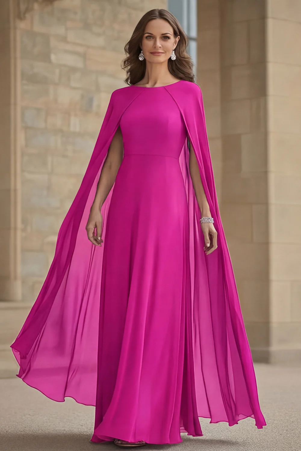 Robe longue mère de la mariée en mousseline de soie de sirène marine avec cape - Image 10