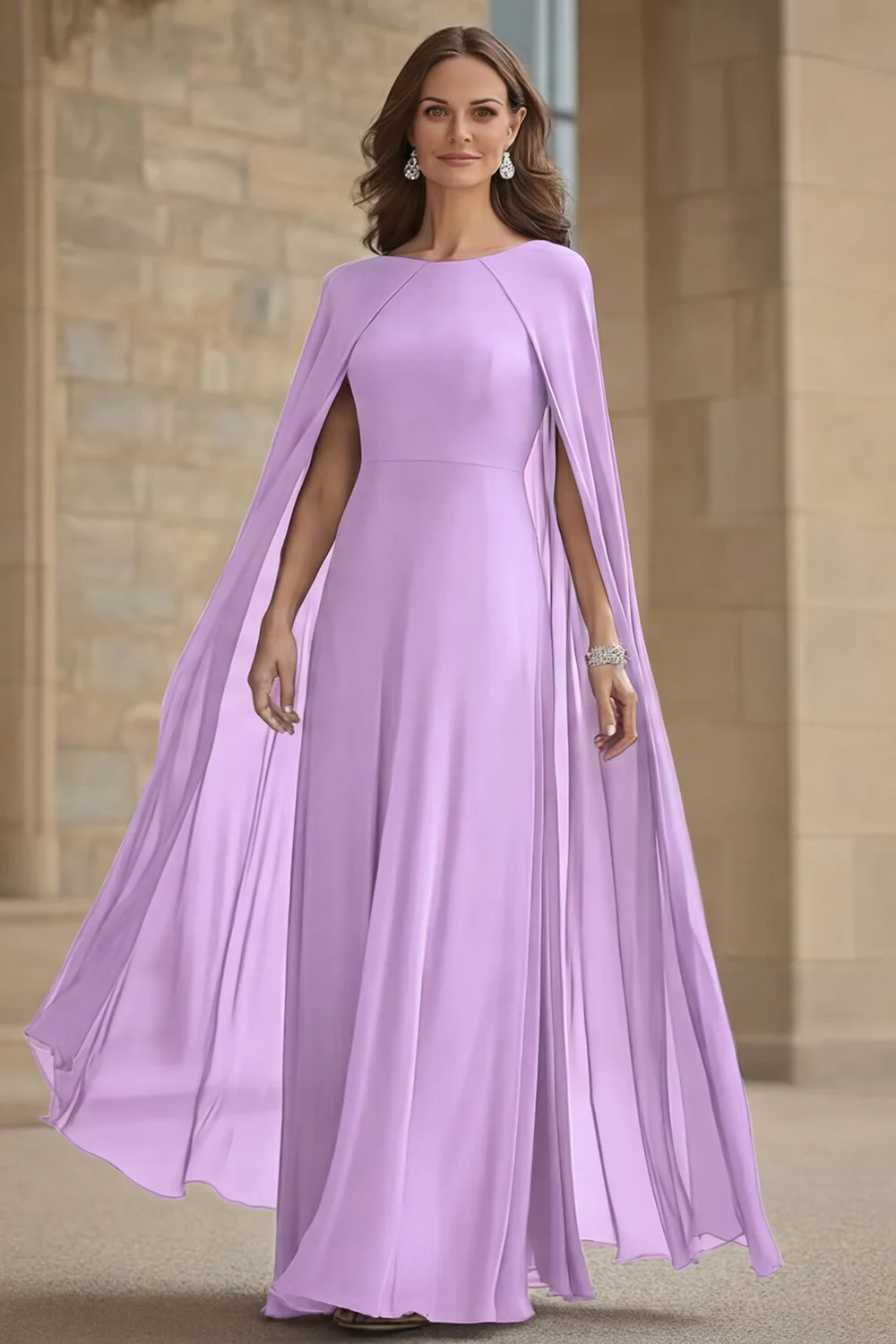 Robe longue mère de la mariée en mousseline de soie de sirène marine avec cape - Image 11