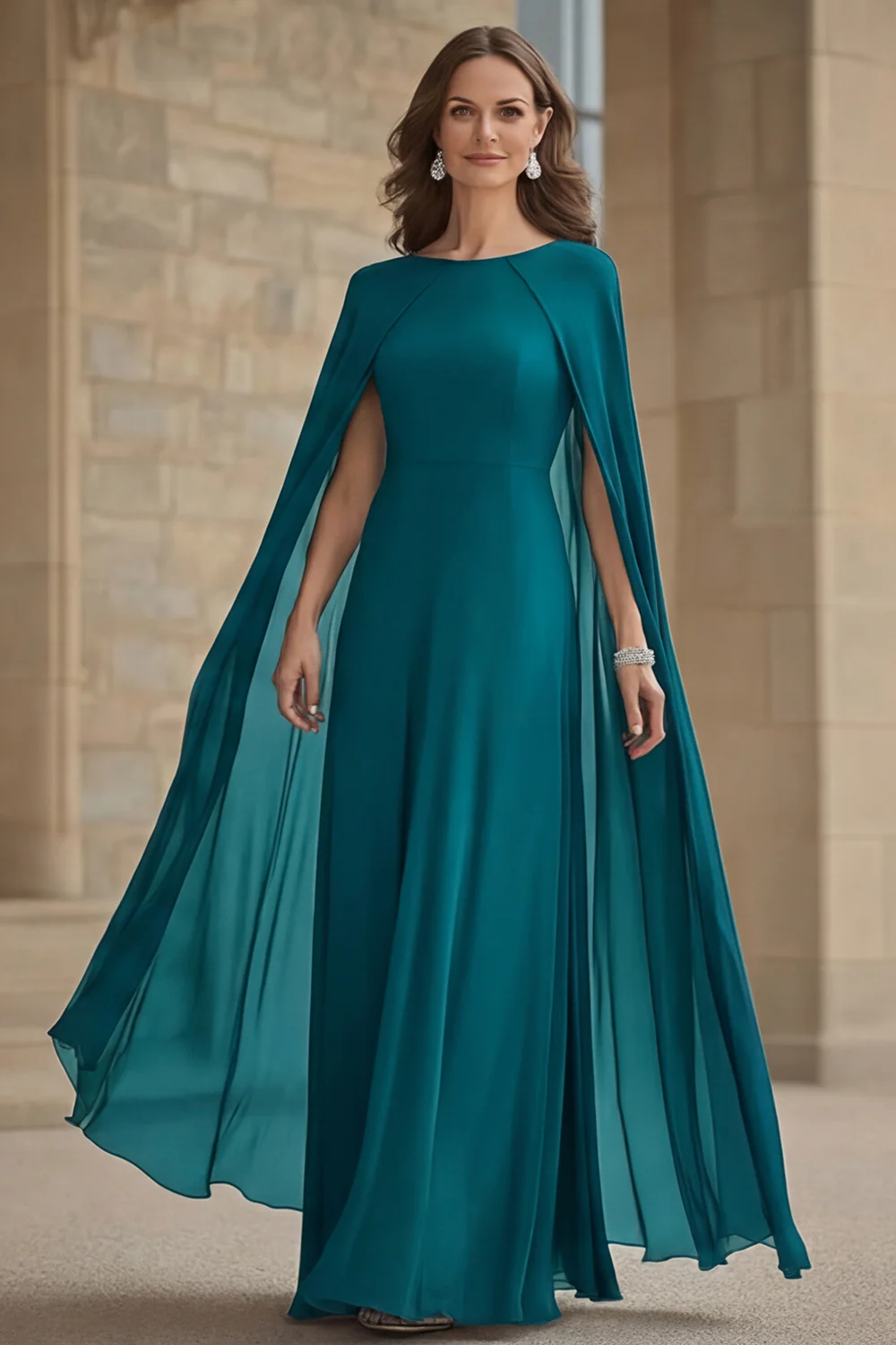 Robe longue mère de la mariée en mousseline de soie de sirène marine avec cape - Image 12