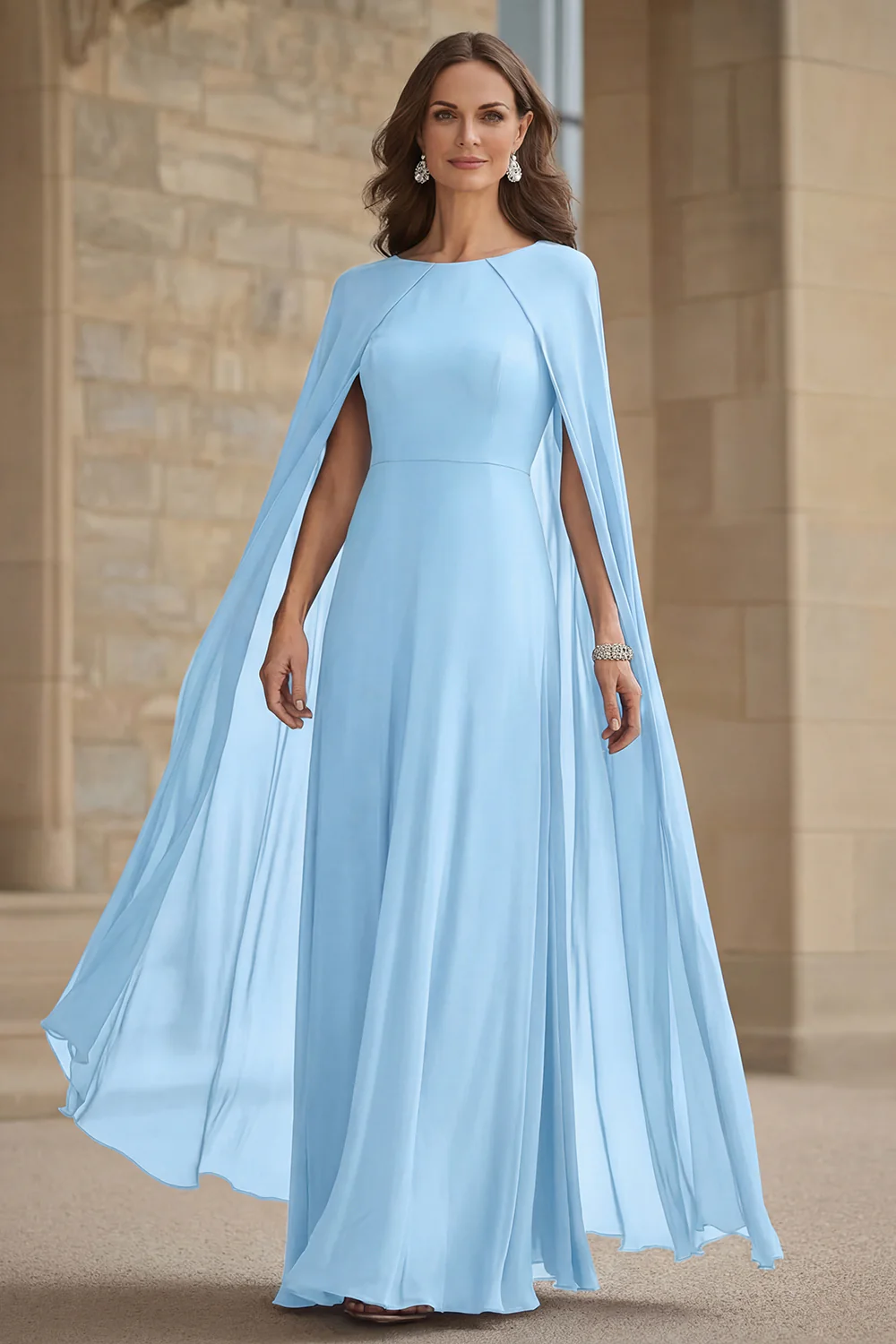 Robe longue mère de la mariée en mousseline de soie de sirène marine avec cape - Image 13
