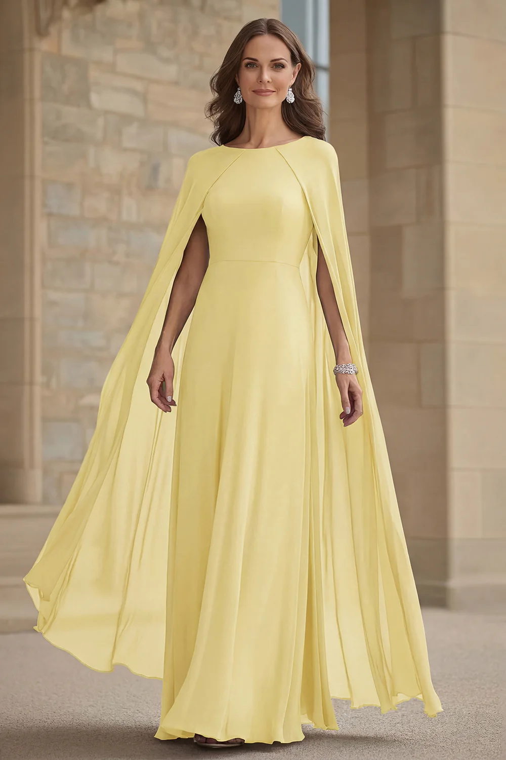 Robe longue mère de la mariée en mousseline de soie de sirène marine avec cape - Image 14