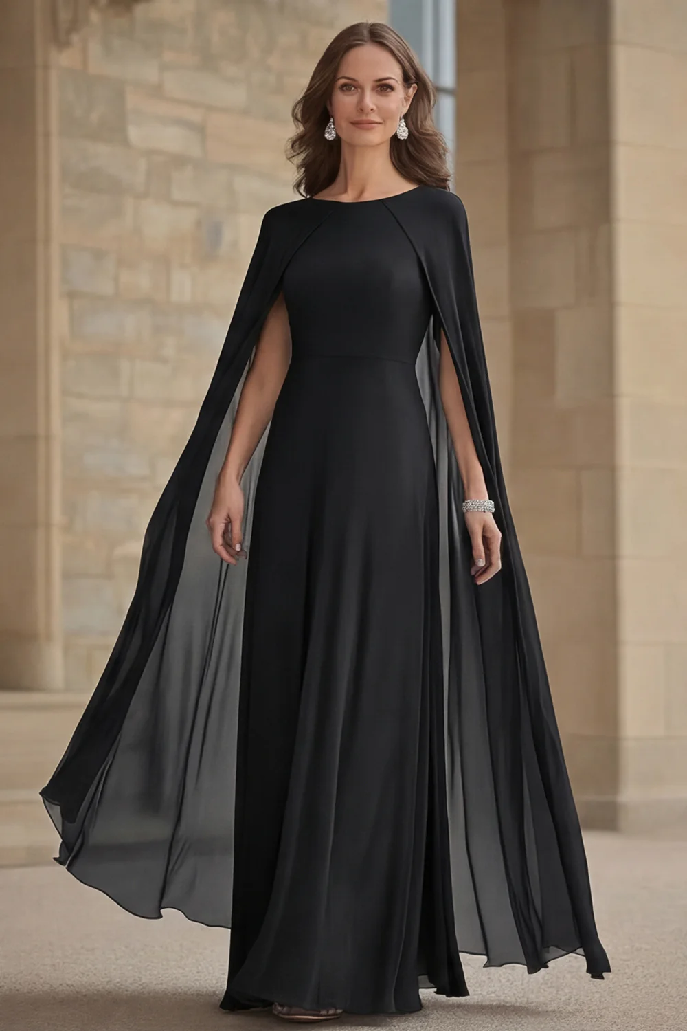 Robe longue mère de la mariée en mousseline de soie de sirène marine avec cape - Image 4