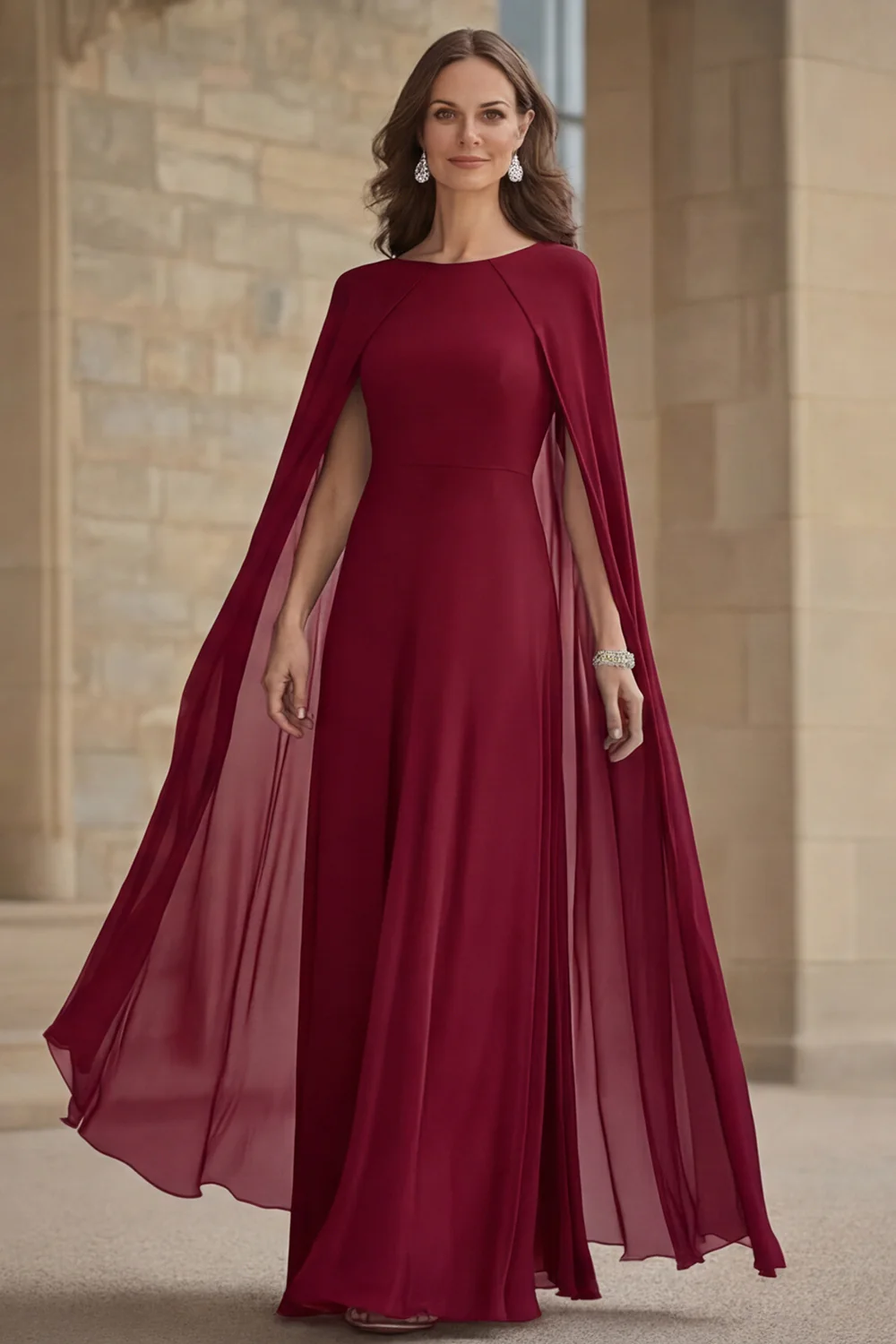 Robe longue mère de la mariée en mousseline de soie de sirène marine avec cape - Image 5