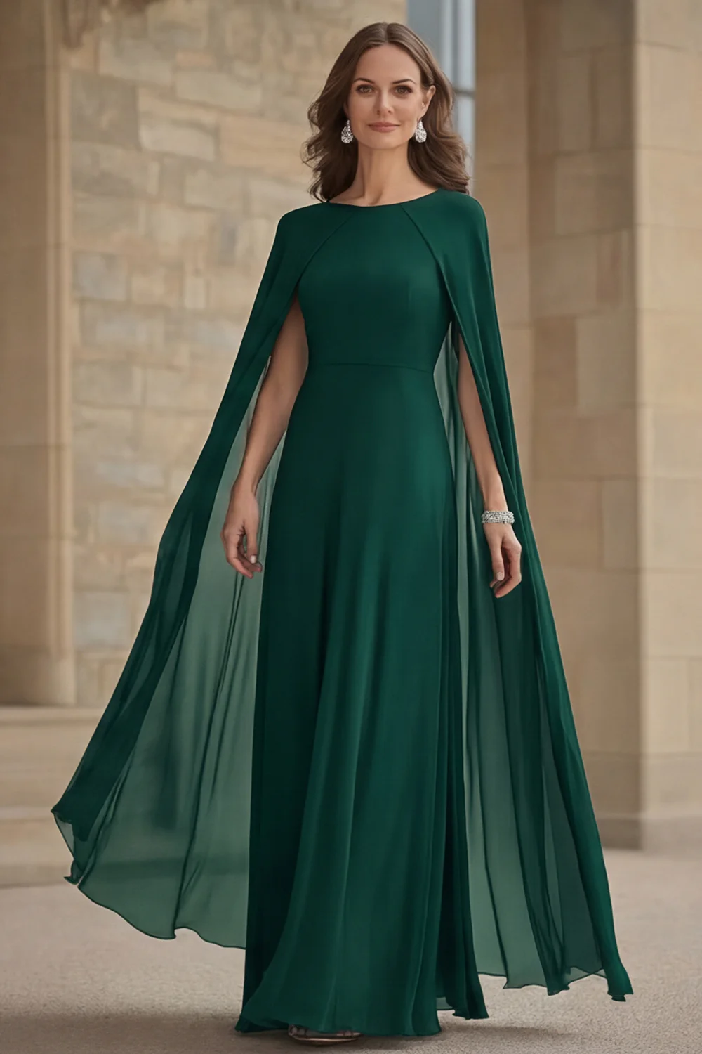 Robe longue mère de la mariée en mousseline de soie de sirène marine avec cape - Image 6