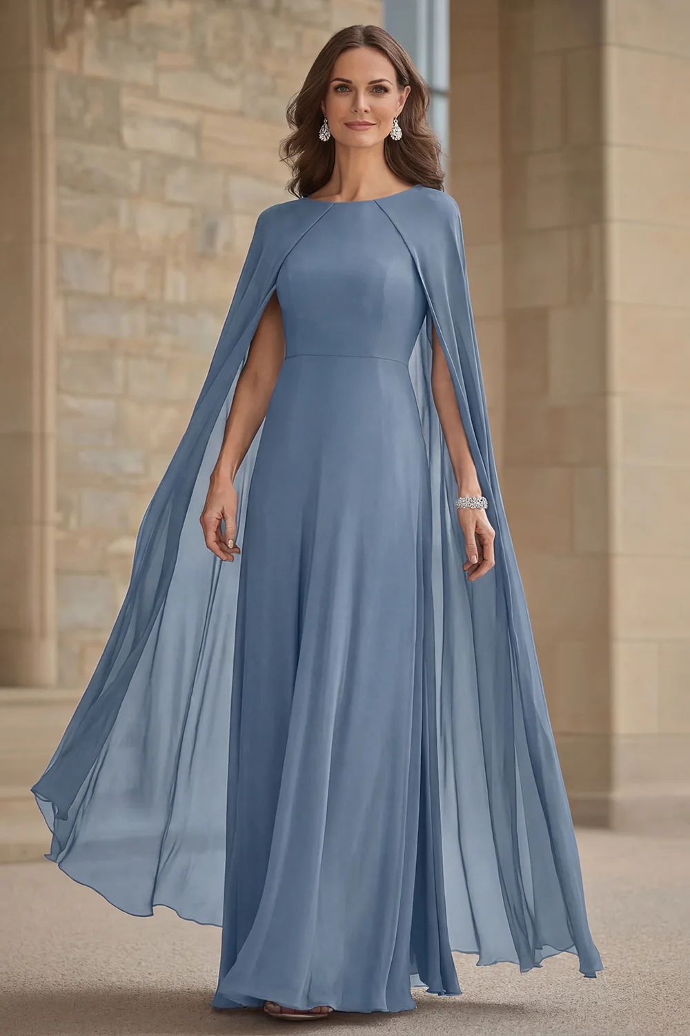 Robe longue mère de la mariée en mousseline de soie de sirène marine avec cape - Image 7
