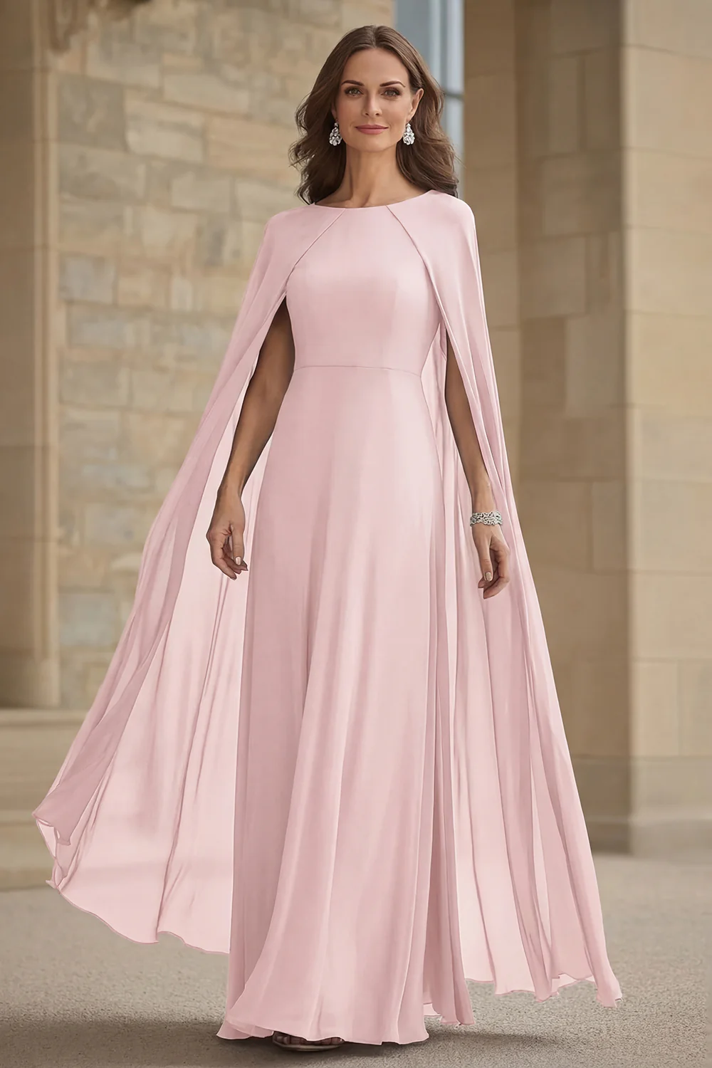 Robe longue mère de la mariée en mousseline de soie de sirène marine avec cape - Image 8
