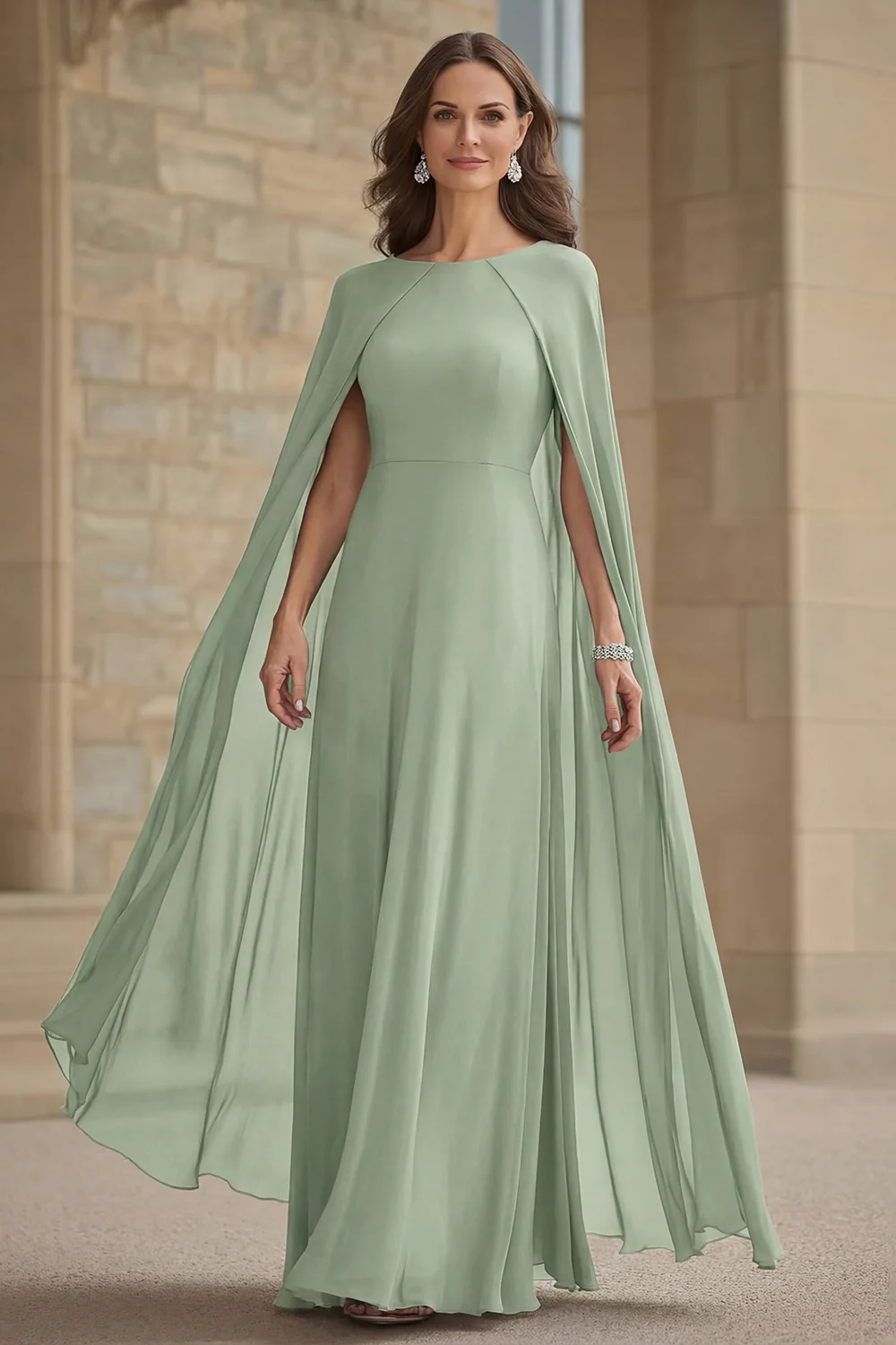 Robe longue mère de la mariée en mousseline de soie de sirène marine avec cape - Image 9