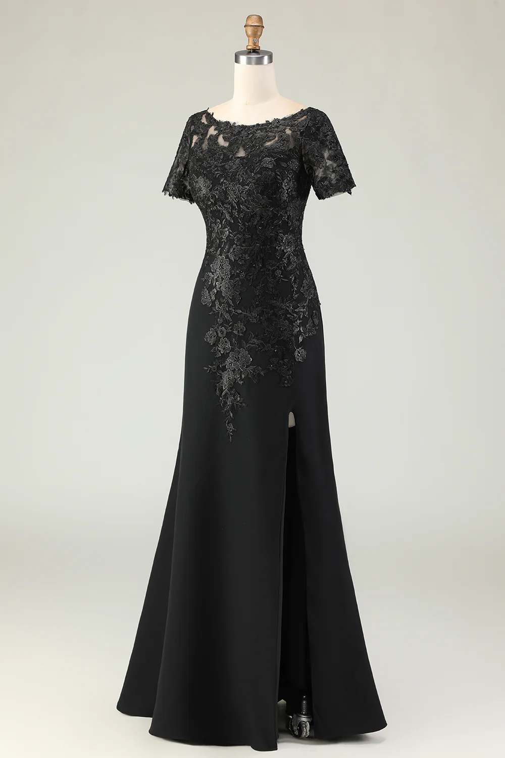 Robe longue mère de la mariée en satin fourreau noir avec appliques - Image 8