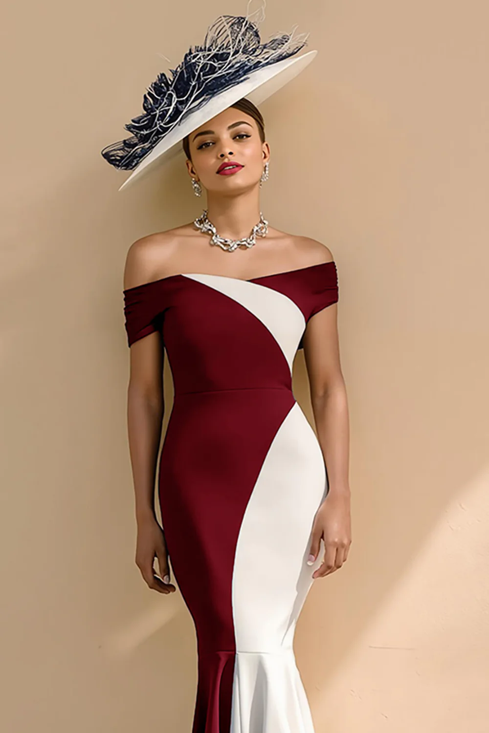 Robe longue mère de la mariée en satin noir et blanc à épaule dénudée - Image 11