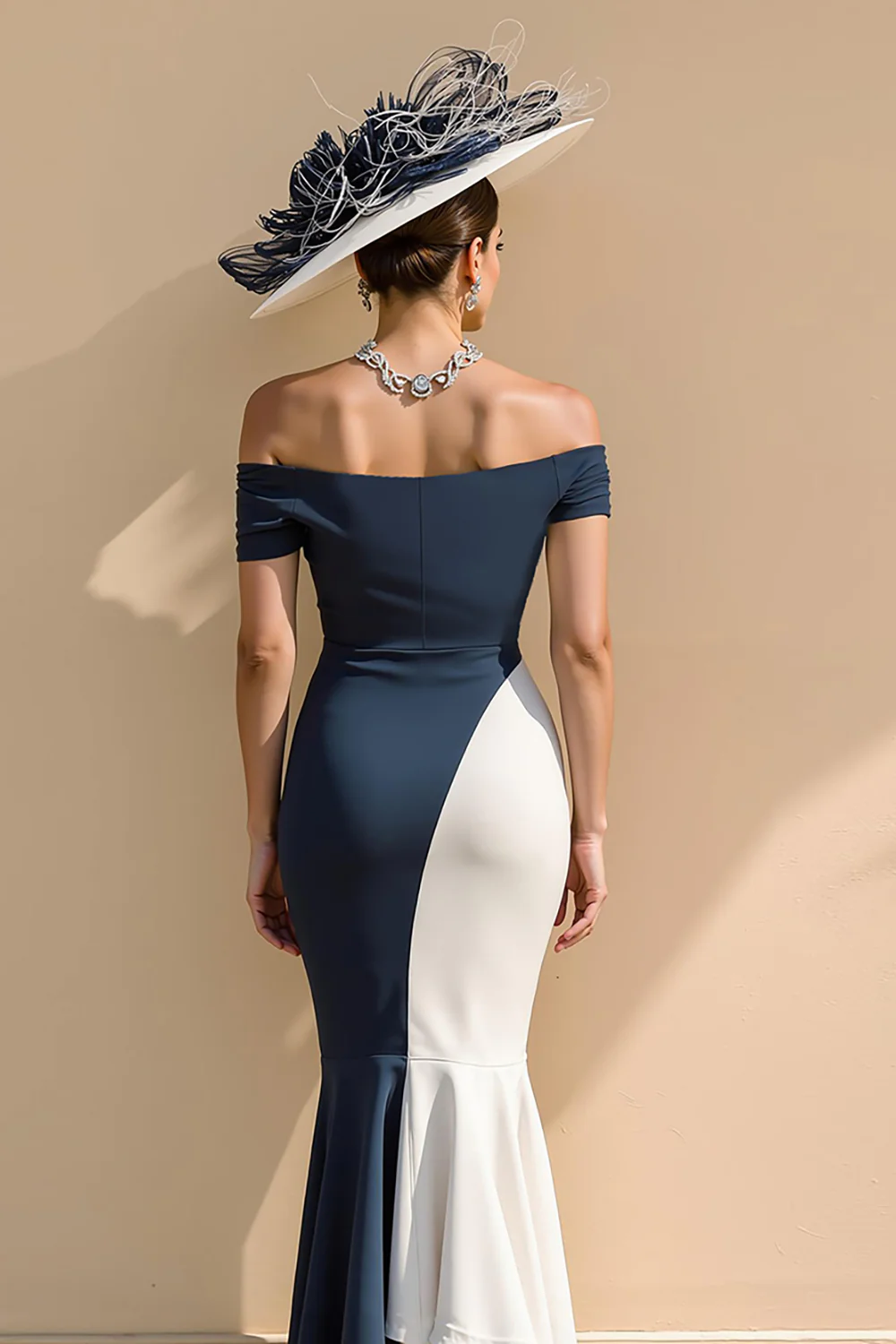 Robe longue mère de la mariée en satin noir et blanc à épaule dénudée - Image 6