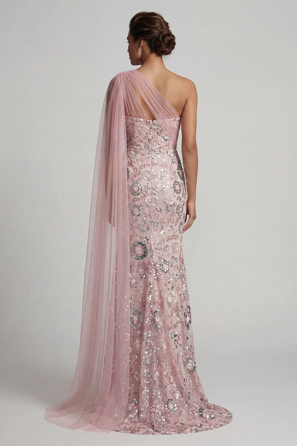 Robe longue mère de la mariée perlée de perles rose scintillante avec cape latérale - Image 2