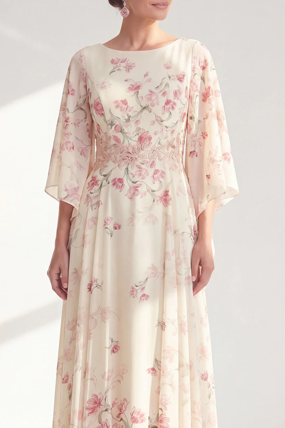 Robe longue Mother Of the Bride à long col bateau abricot abricot et manches demi-manches - Image 3