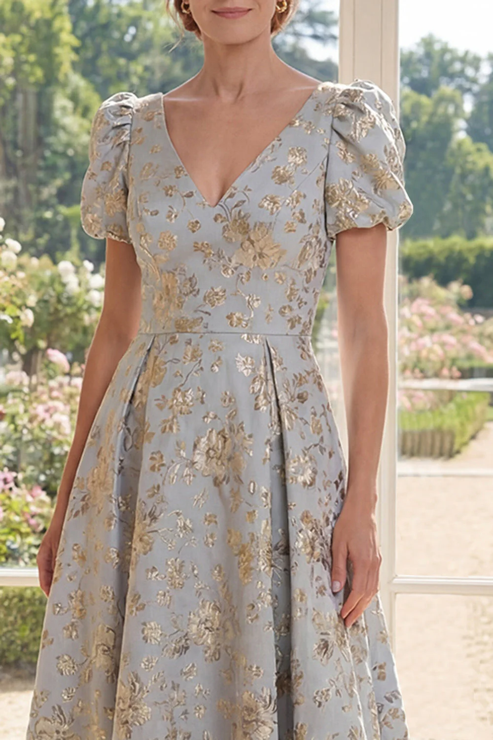 Robe longue Mother of the Bride Mother Of the Bride A-Line Blu Dust Neck Jacquard à col en V avec manches bouffantes - Image 3