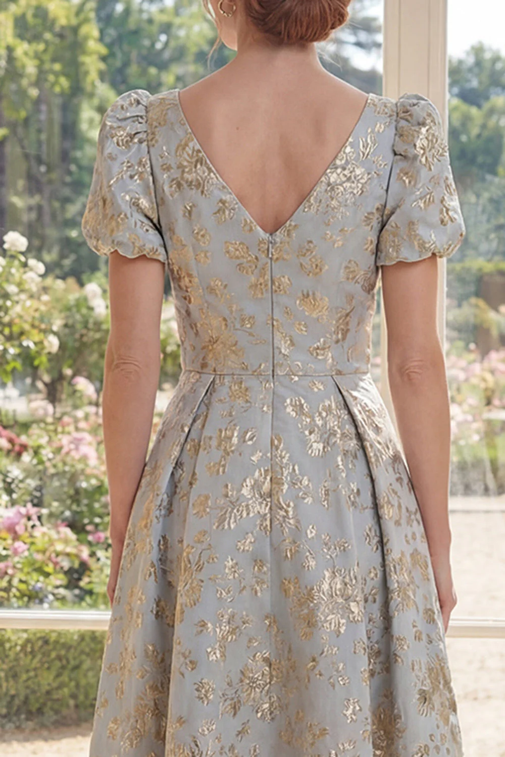 Robe longue Mother of the Bride Mother Of the Bride A-Line Blu Dust Neck Jacquard à col en V avec manches bouffantes - Image 4
