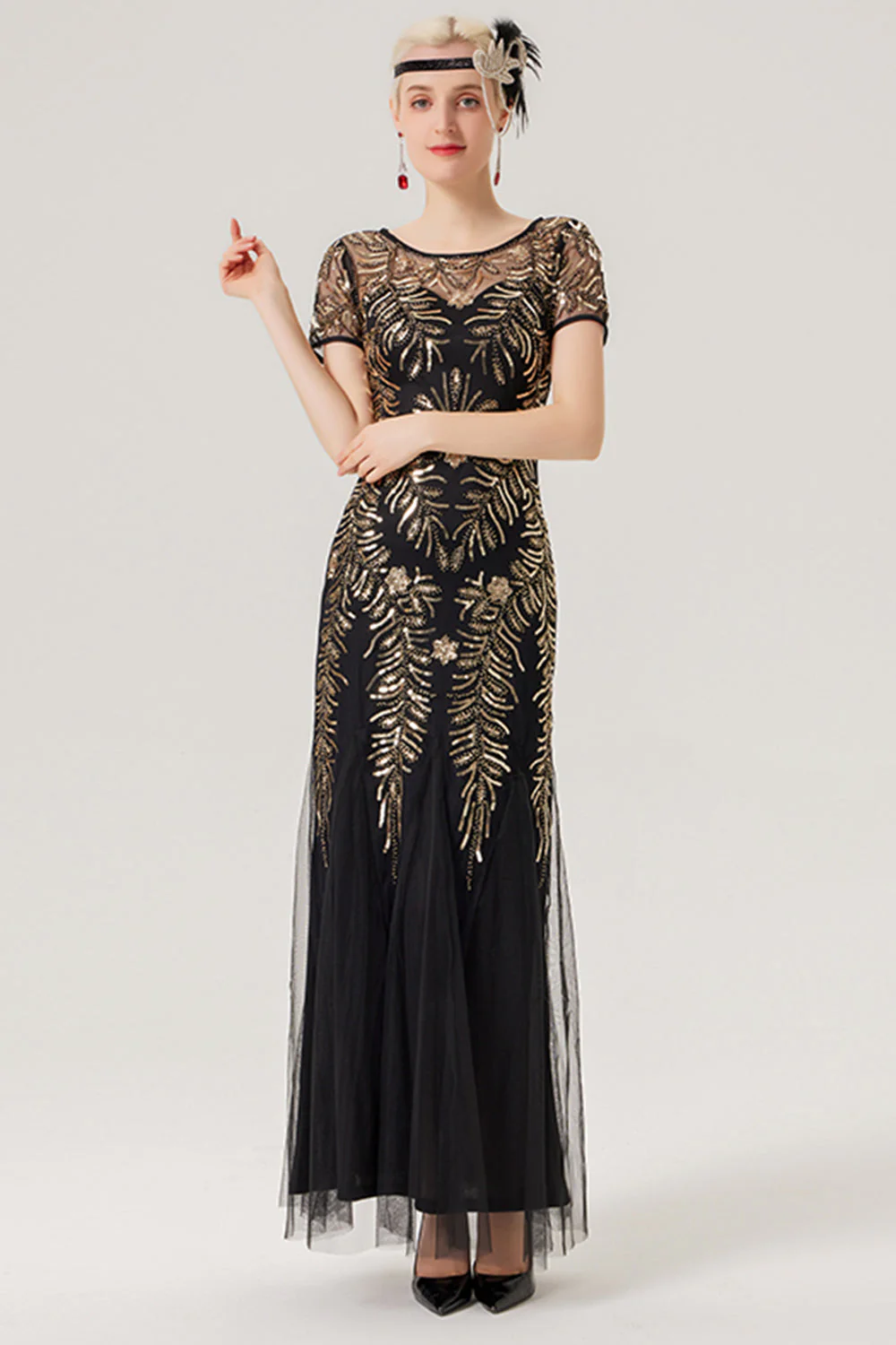 Robe longue noire à paillettes dorées des années 20 à manches courtes - Image 3