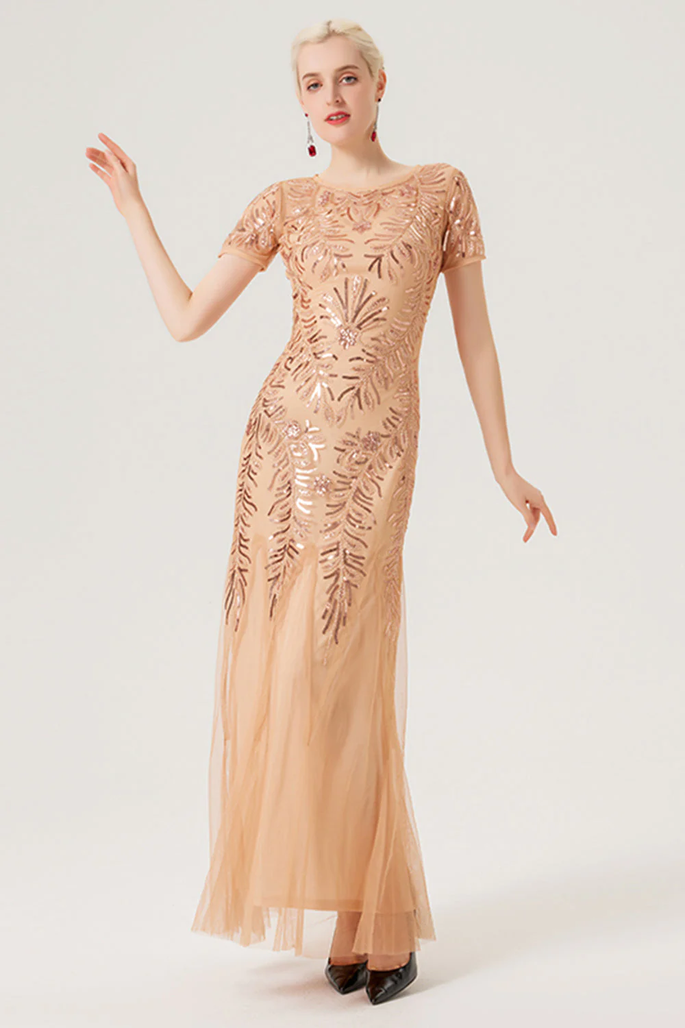 Robe longue noire à paillettes dorées des années 20 à manches courtes - Image 4