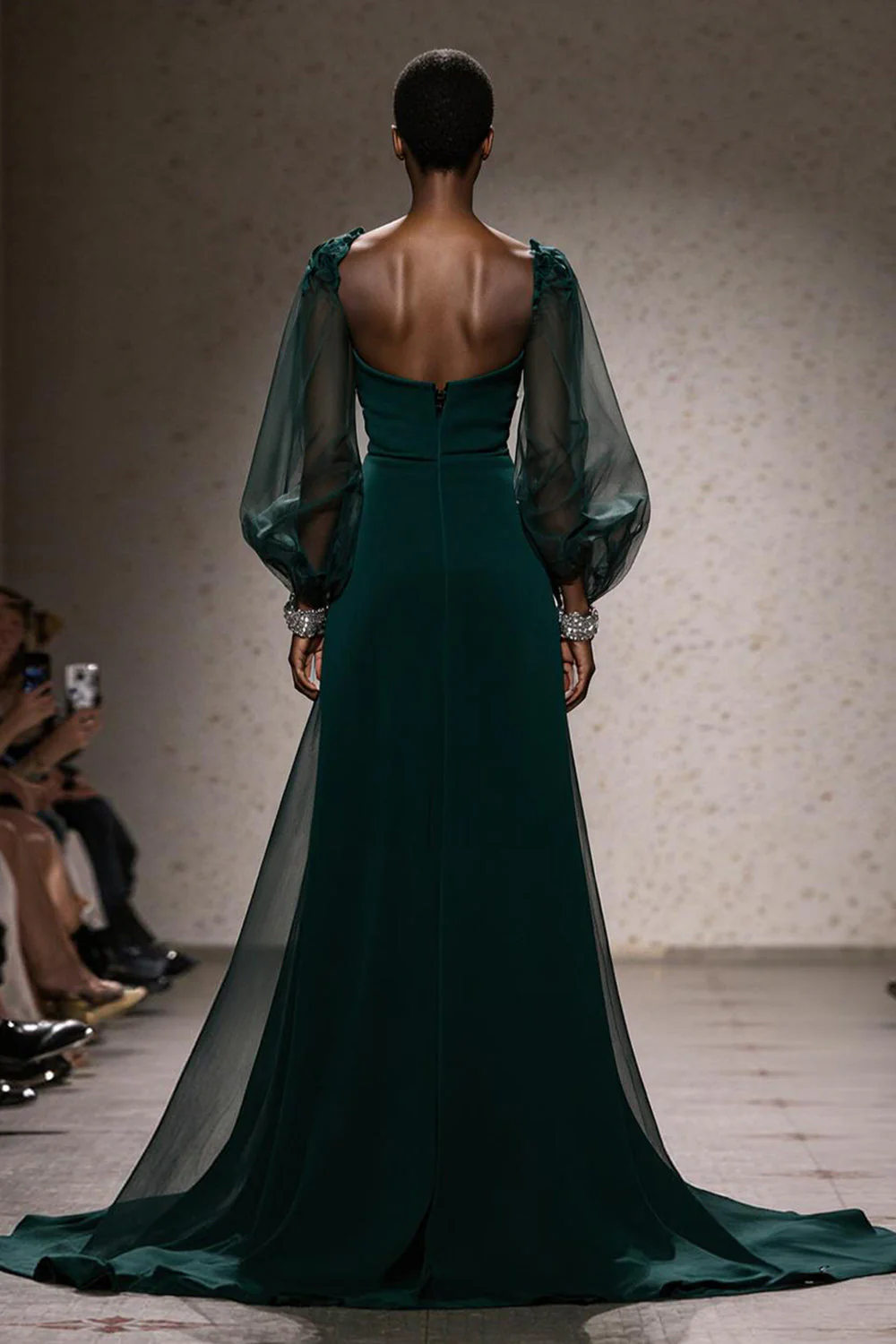 Robe longue sirène à col carré vert foncé avec manches - Image 2