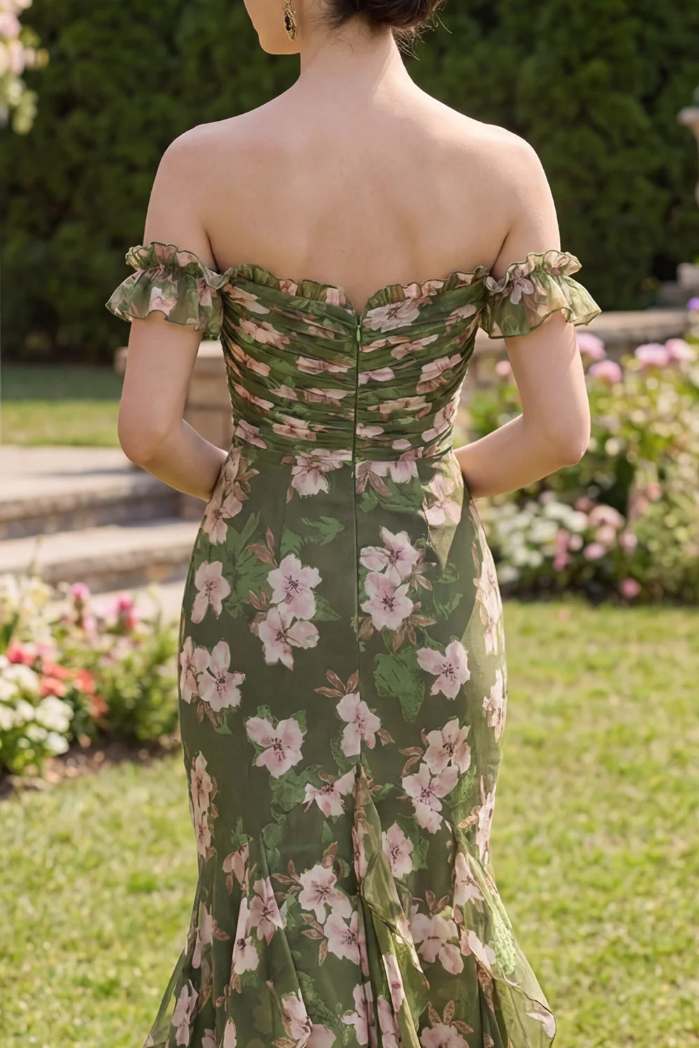 Robe longue sirène fleurie vert foncé avec volants - Image 4