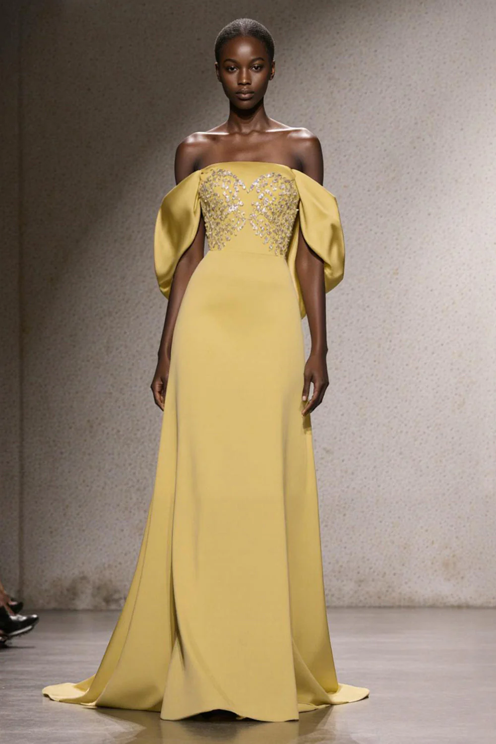 Robe longue sirène scintillante jonquille à épaules dénudées avec paillettes