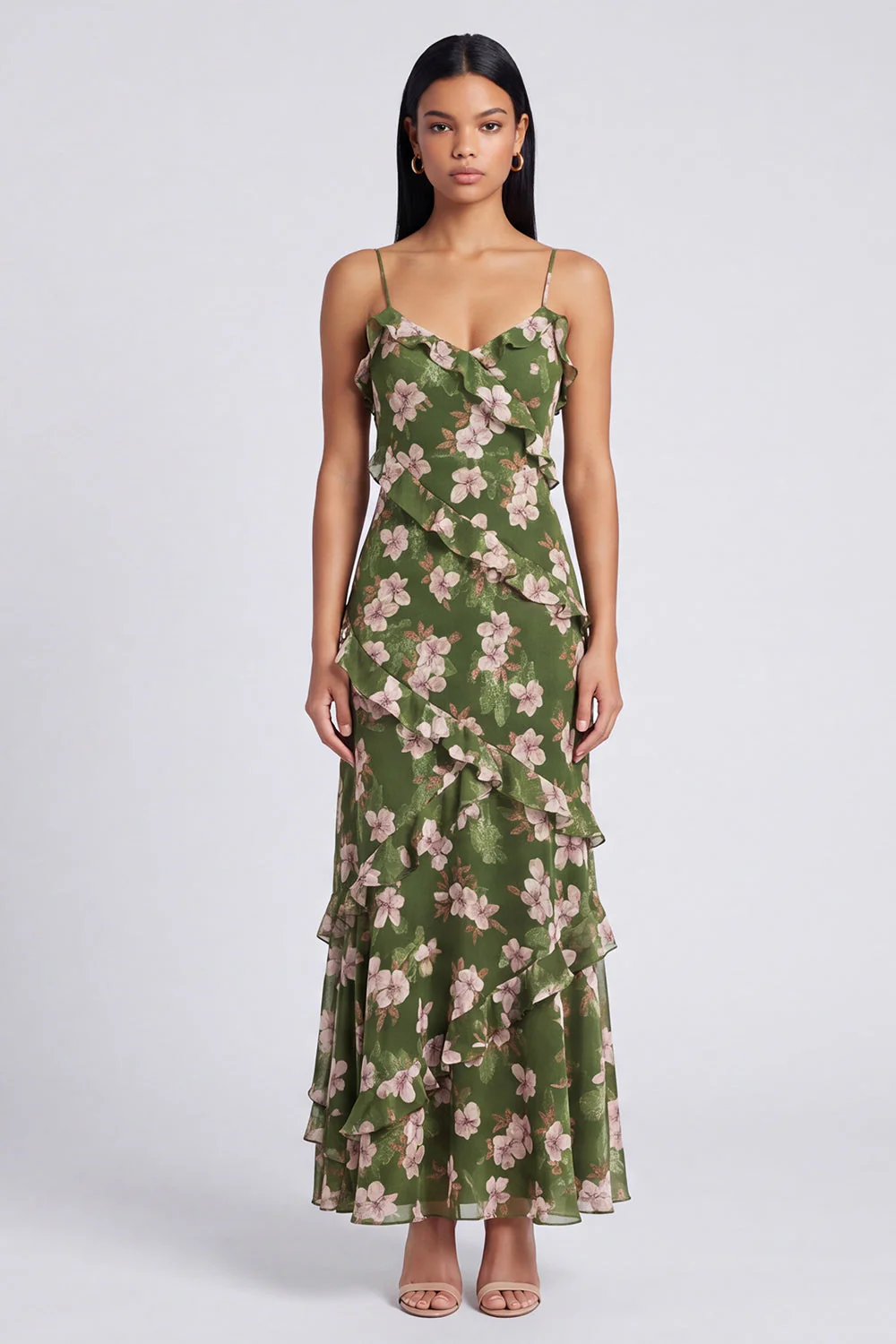 Robe maskini à fausses à bretelles florales vert foncé et à volants - Image 3