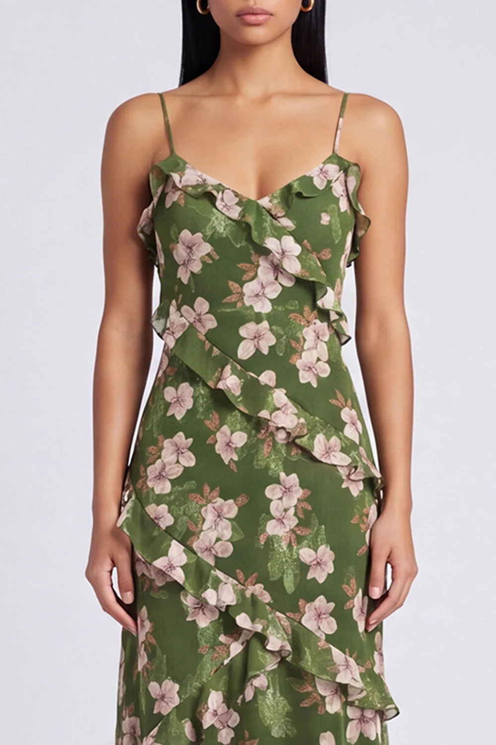 Robe maskini à fausses à bretelles florales vert foncé et à volants - Image 4