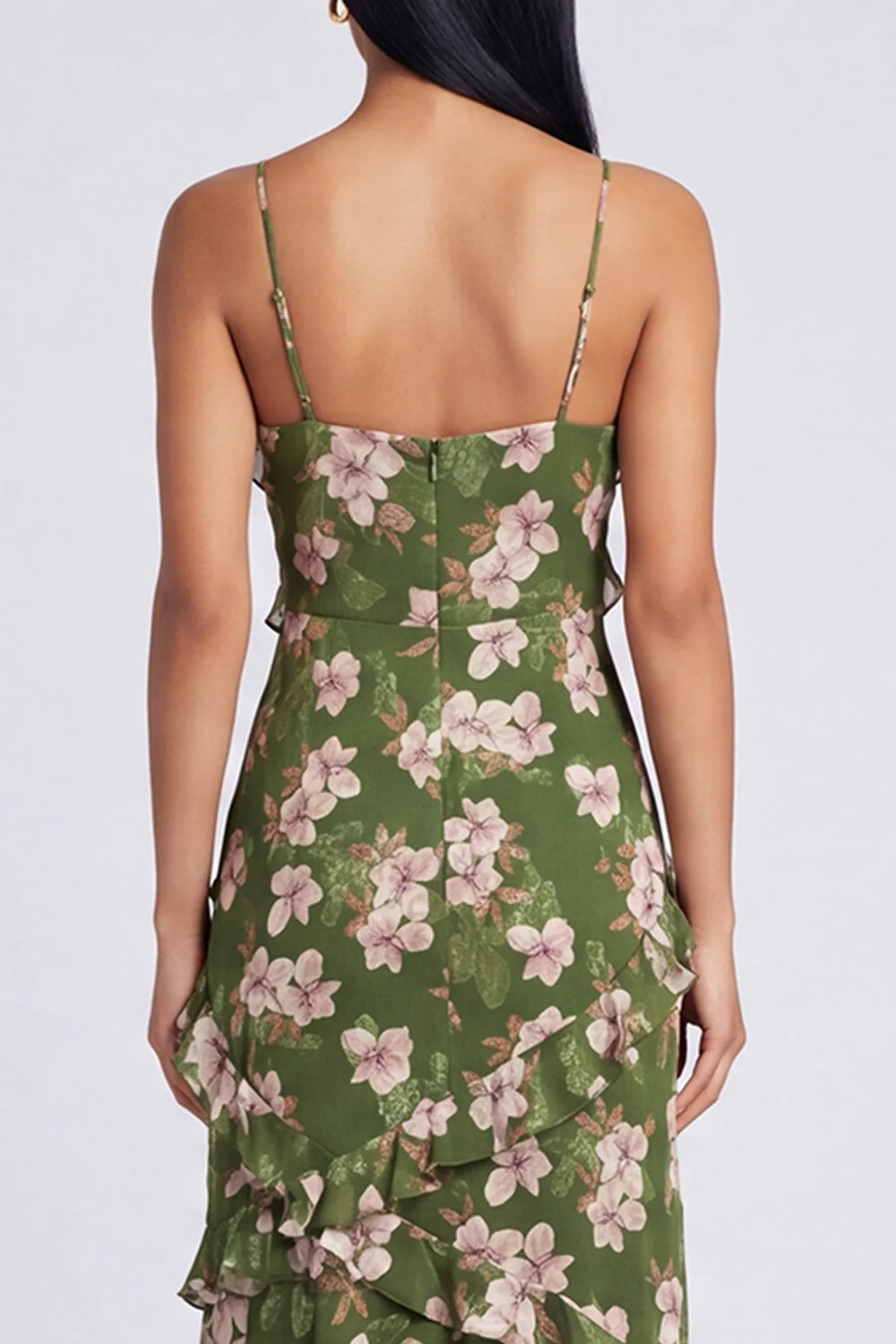 Robe maskini à fausses à bretelles florales vert foncé et à volants - Image 5