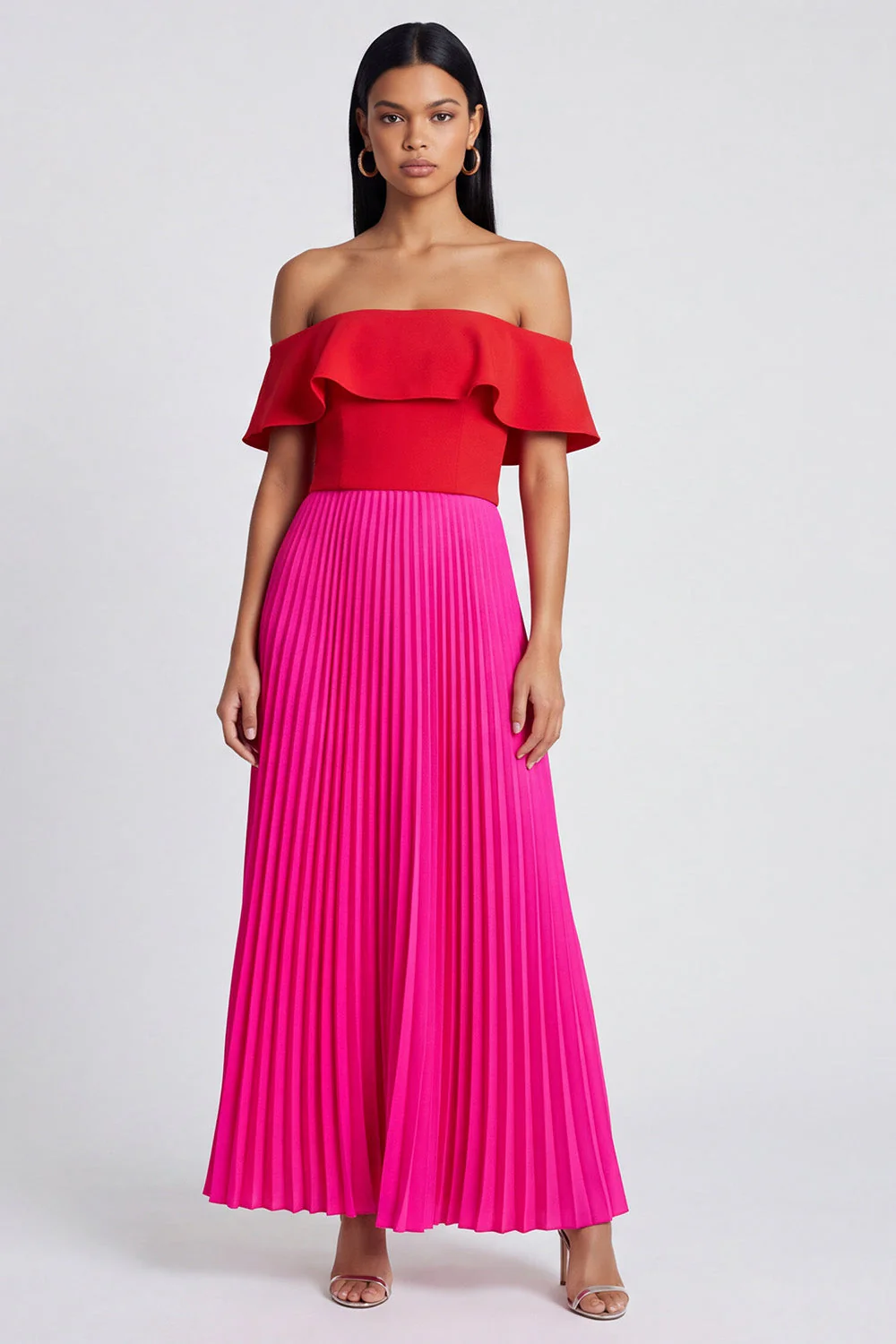 Robe maskini en fuchsia à épaules dénudées en ligne A et plissée rouge avec volants