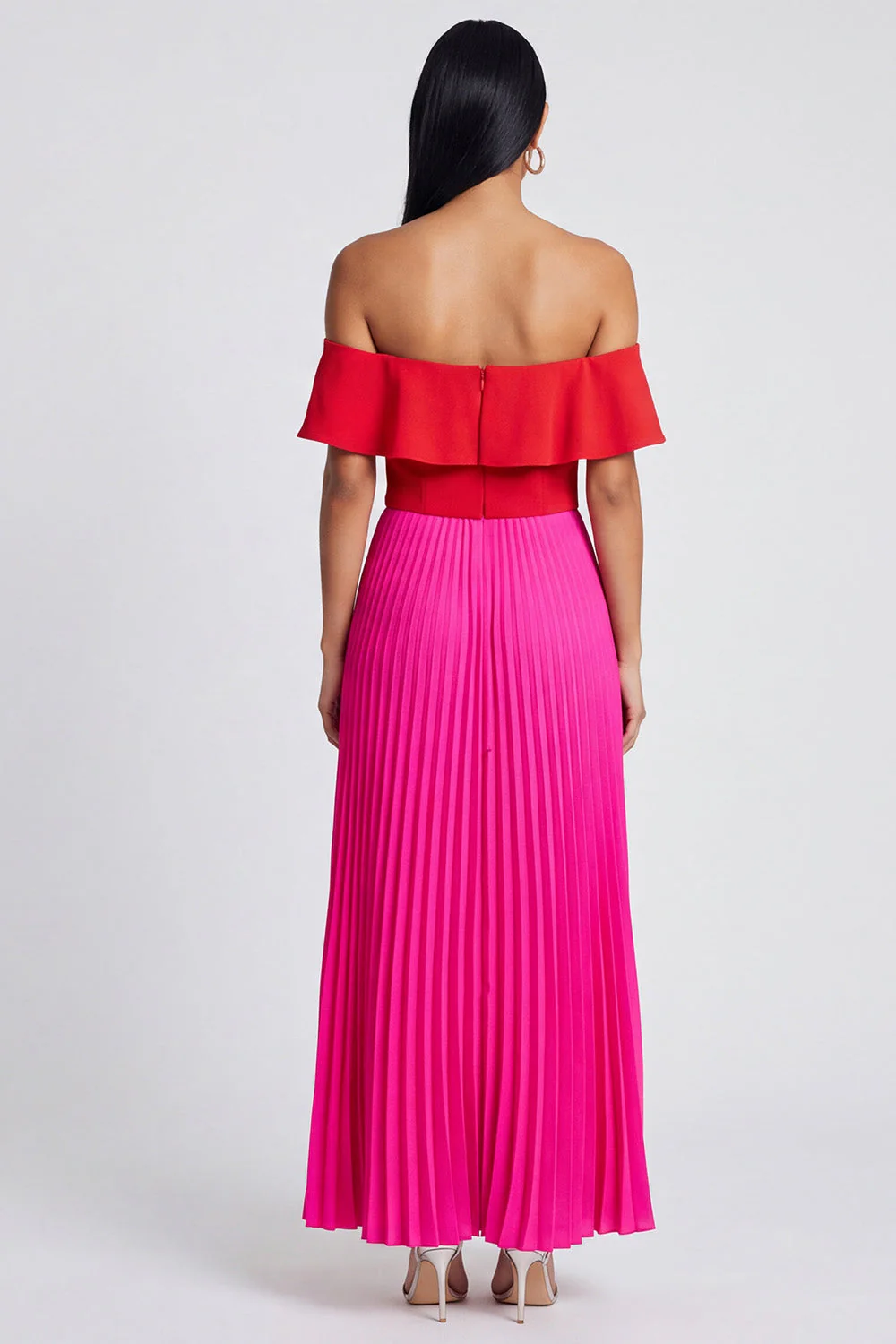 Robe maskini en fuchsia à épaules dénudées en ligne A et plissée rouge avec volants - Image 2