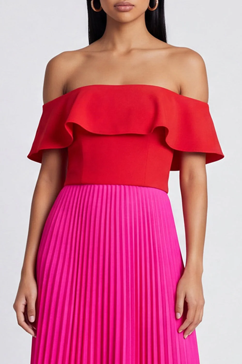 Robe maskini en fuchsia à épaules dénudées en ligne A et plissée rouge avec volants - Image 3