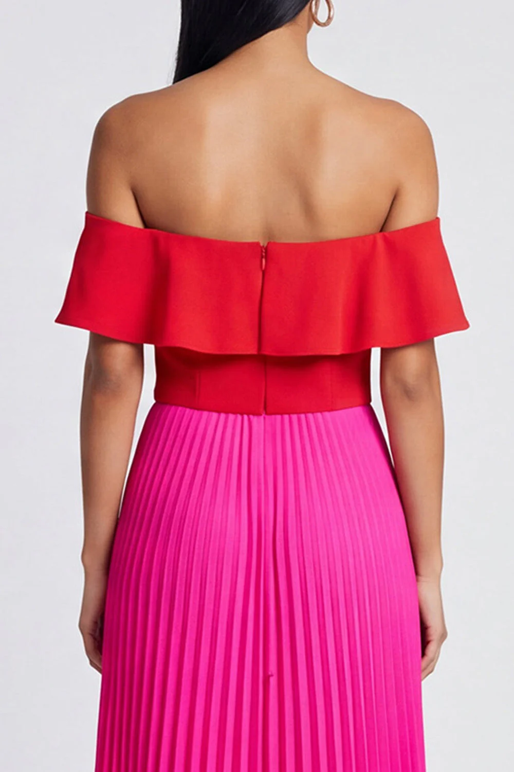 Robe maskini en fuchsia à épaules dénudées en ligne A et plissée rouge avec volants - Image 4