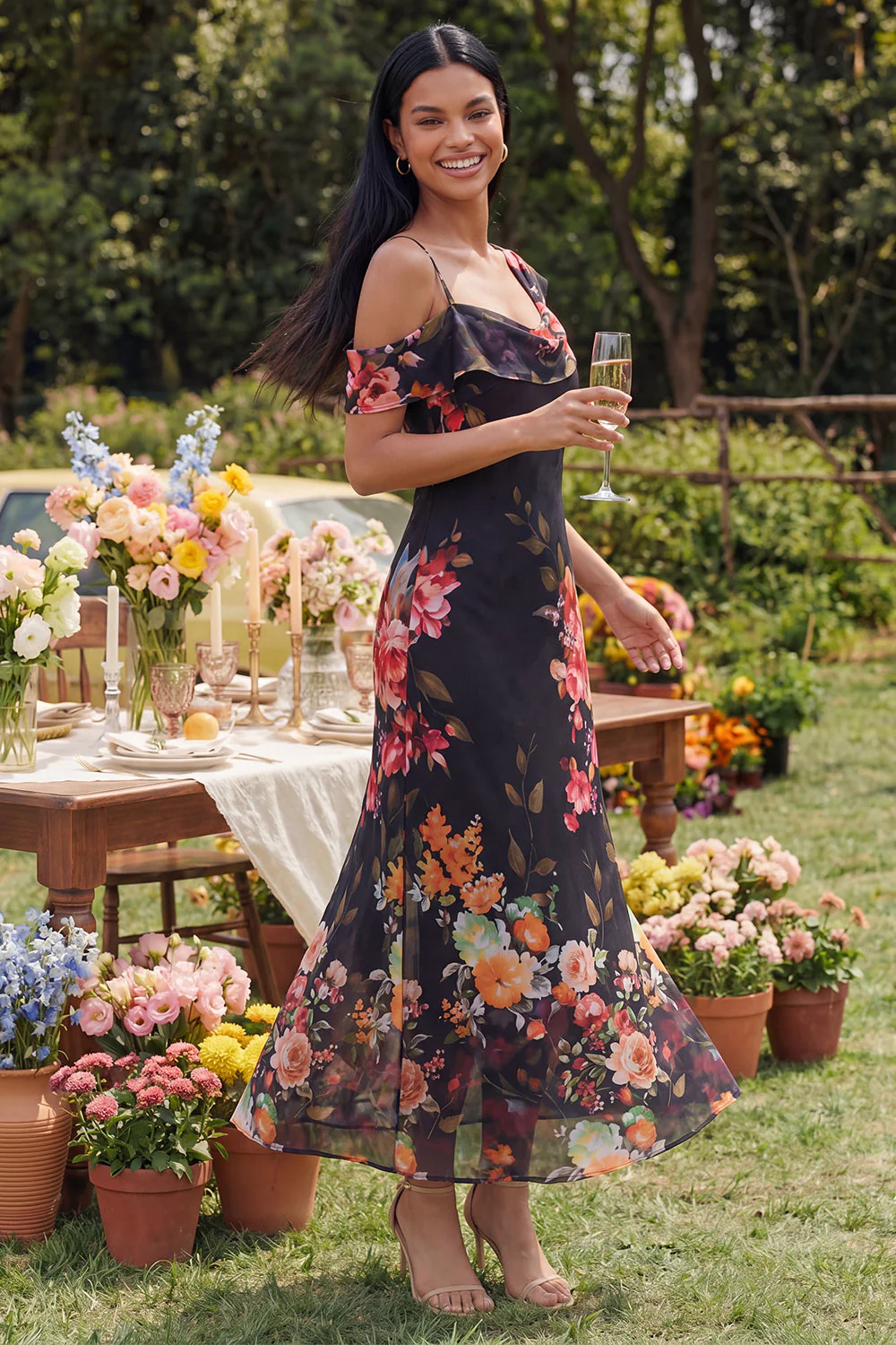 Robe maskini fleurie en tulle noir asymétrique imprimée à gaine - Image 5
