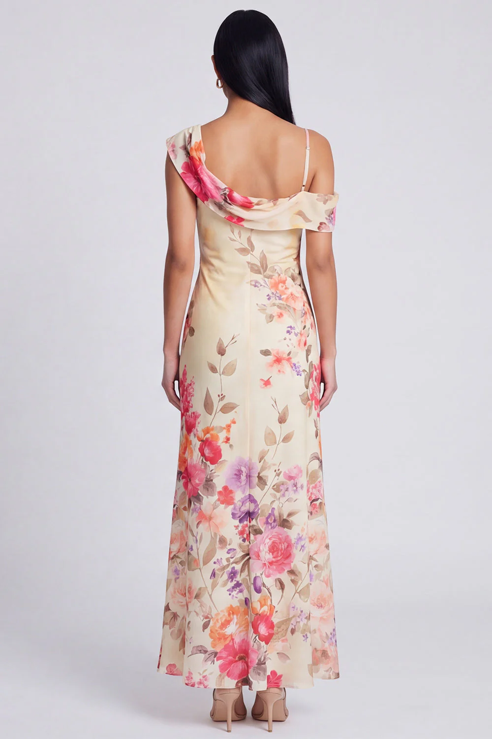 Robe maskini fleurie en tulle noir asymétrique imprimée à gaine - Image 7