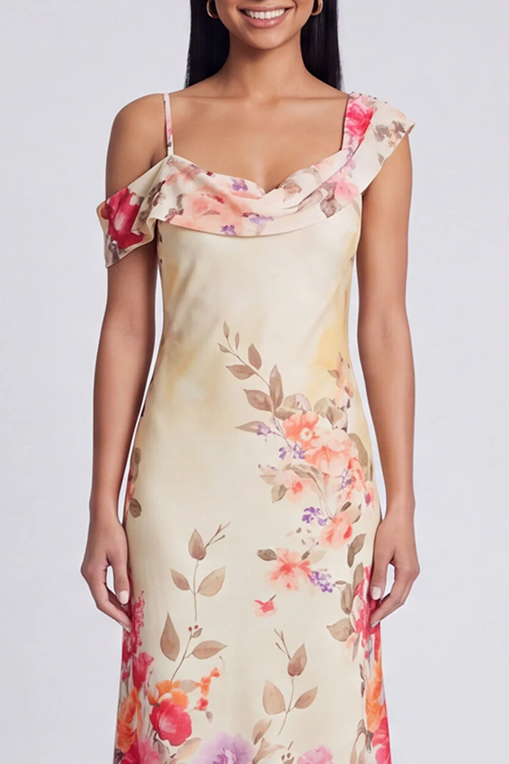 Robe maskini fleurie en tulle noir asymétrique imprimée à gaine - Image 8