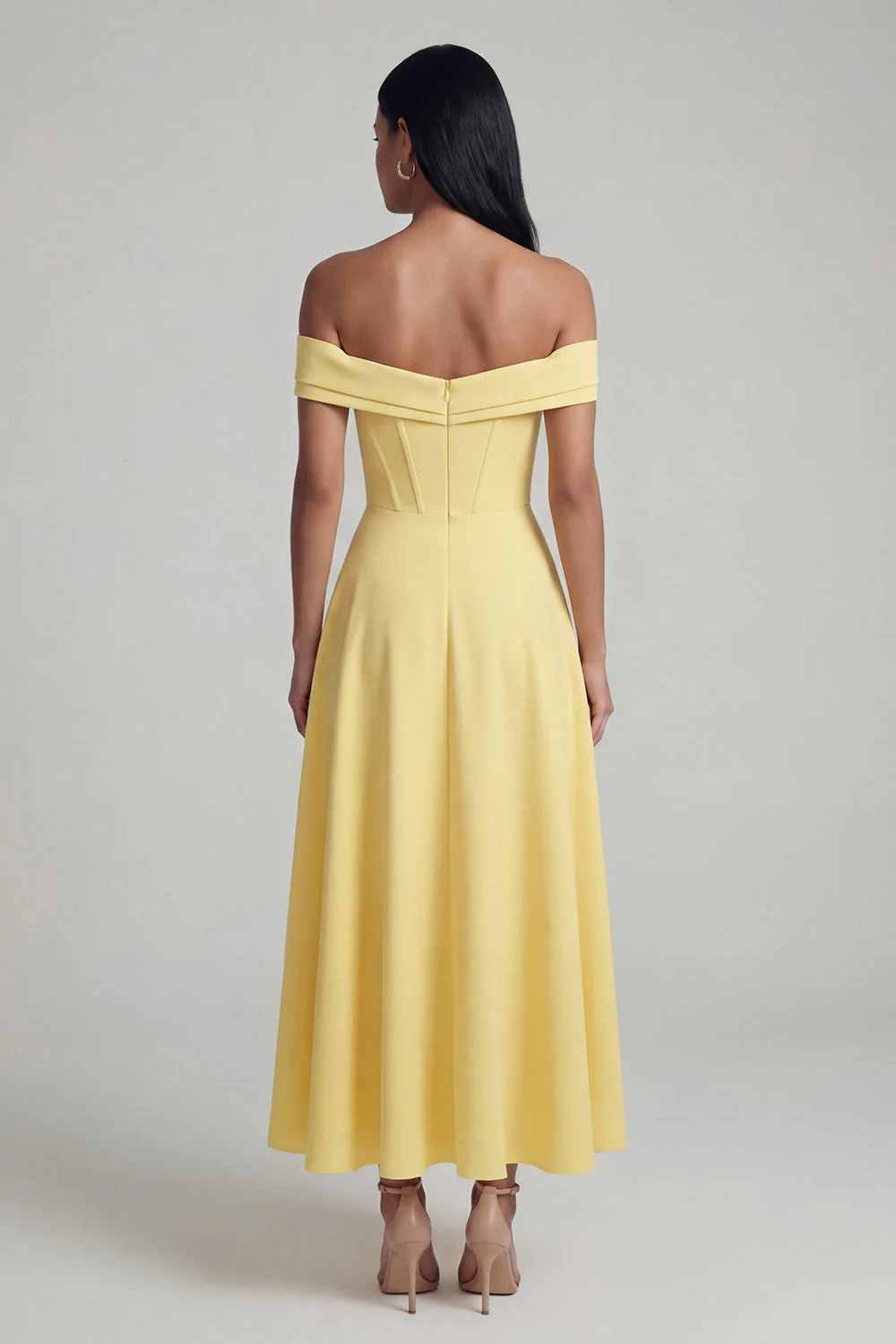 Robe maskini jaune corset à épaules décollées en A avec fente - Image 2