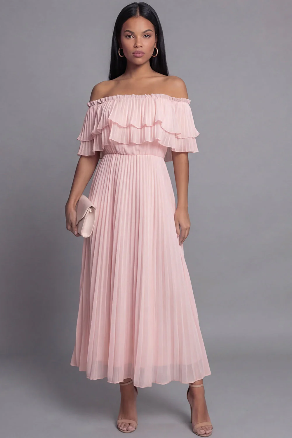 Robe maskini plissée plissée en tulle rose épaule dénudée avec volants - Image 3