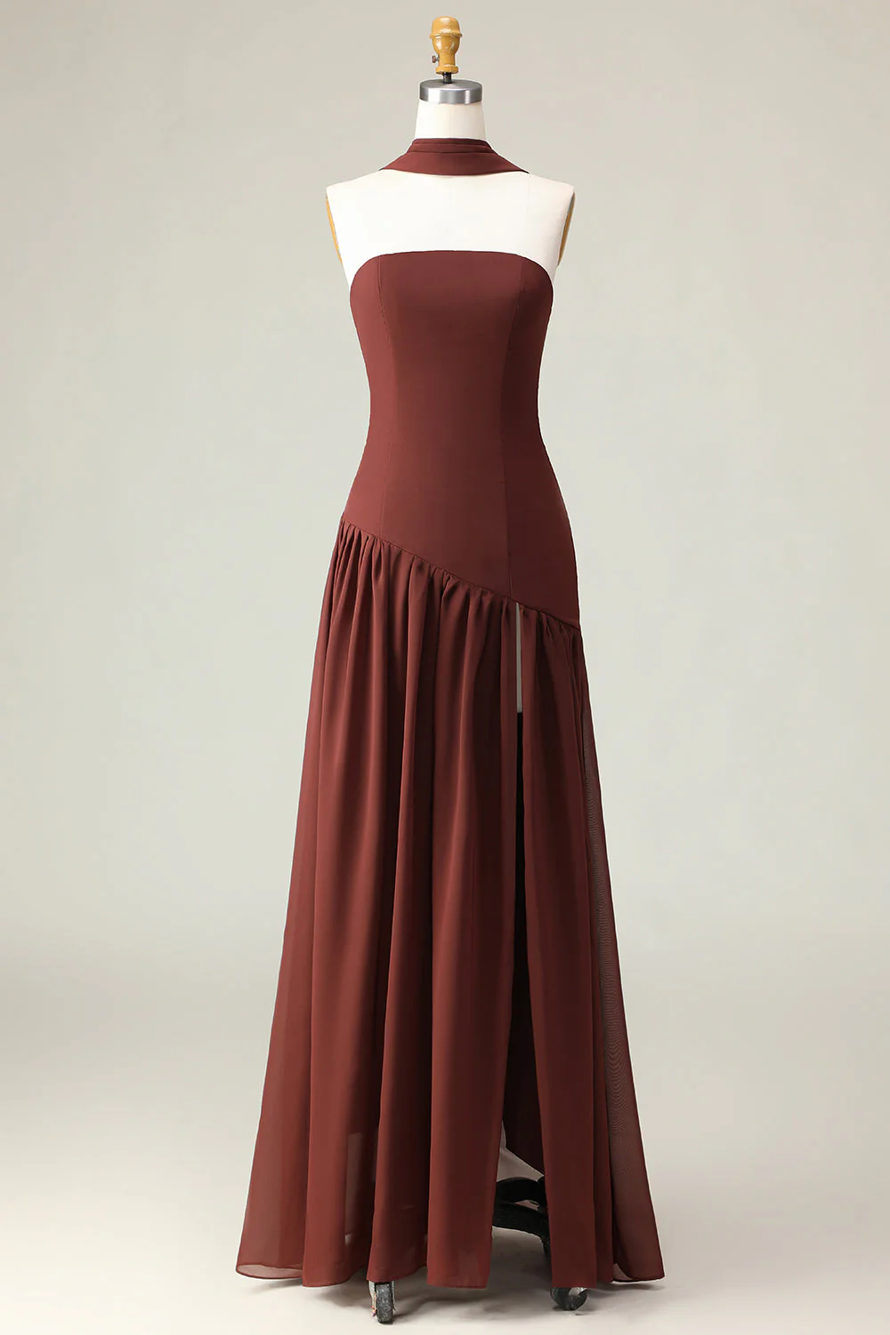 Robe maskini sans bretelles marron A-Line avec écharpe