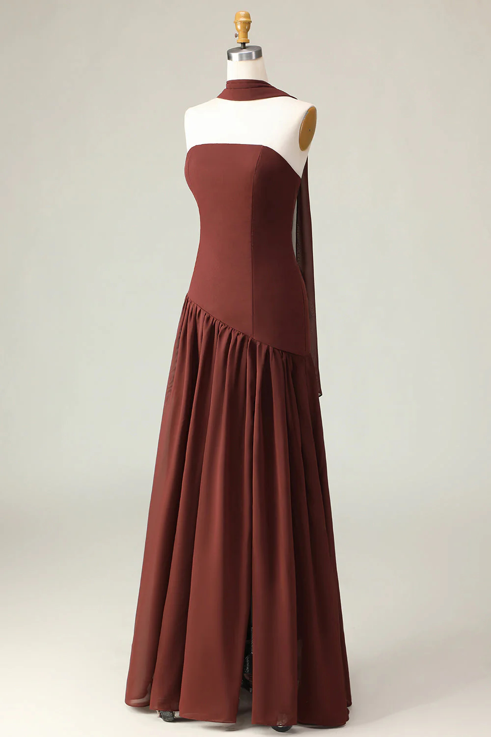 Robe maskini sans bretelles marron A-Line avec écharpe - Image 2