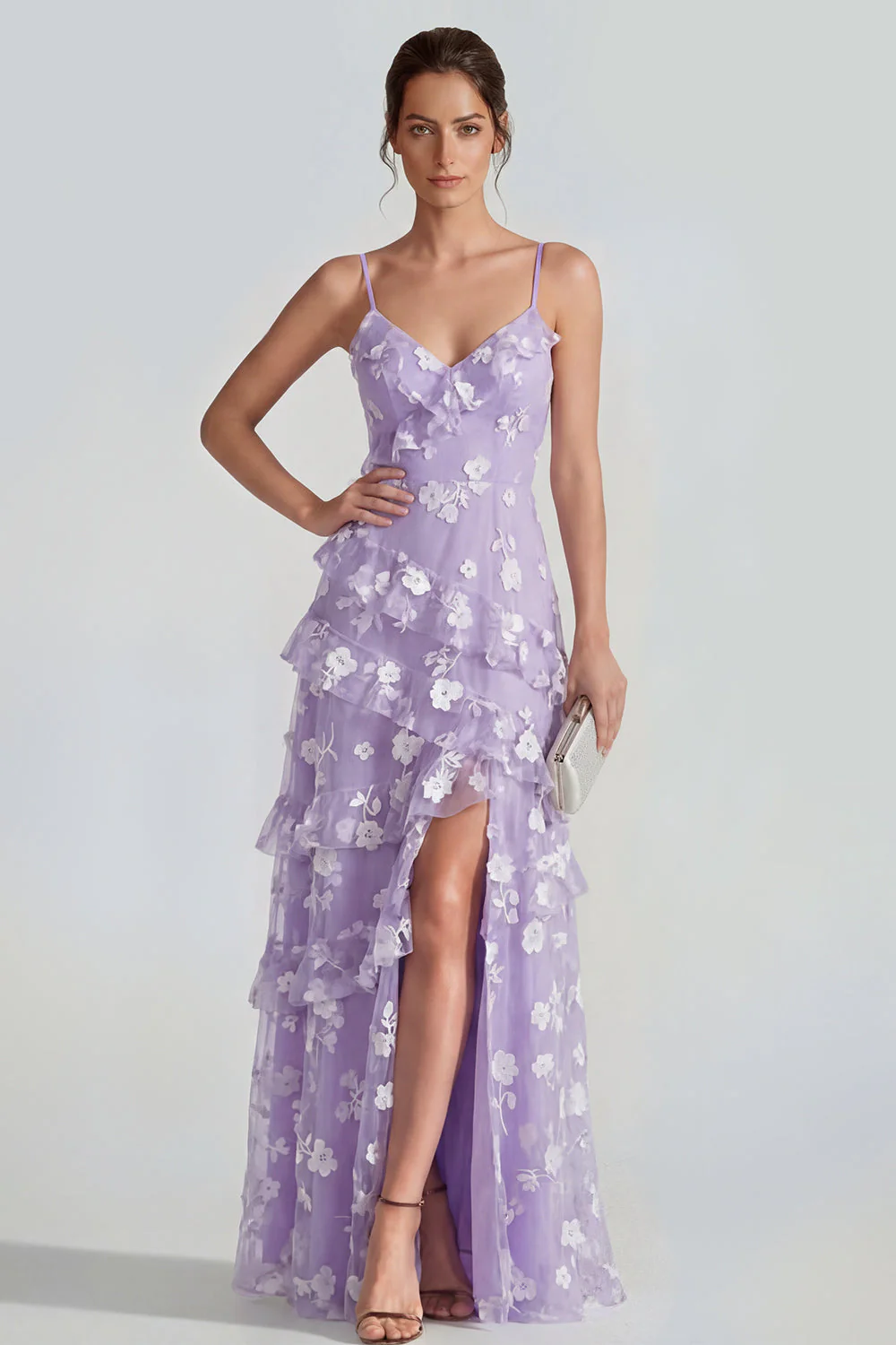 Robe Maxi à bretelles fines florales lilas Shearh avec volants et fente
