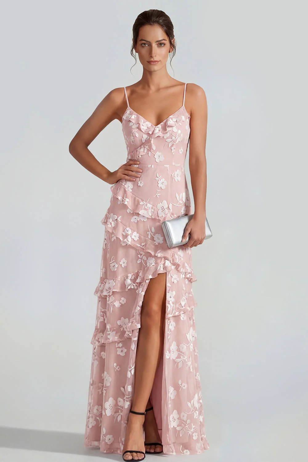 Robe Maxi à bretelles fines florales lilas Shearh avec volants et fente - Image 5