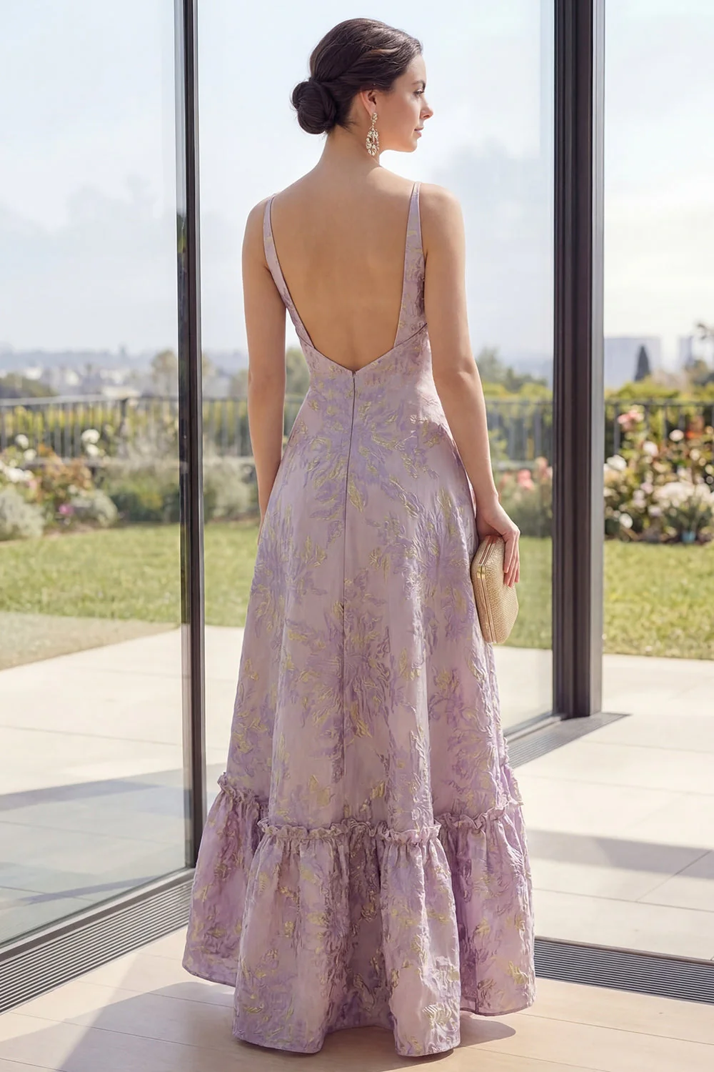 Robe Maxi à fleurs A A Style Lilas Jacquard à col en V sans dos poussiéreux - Image 2