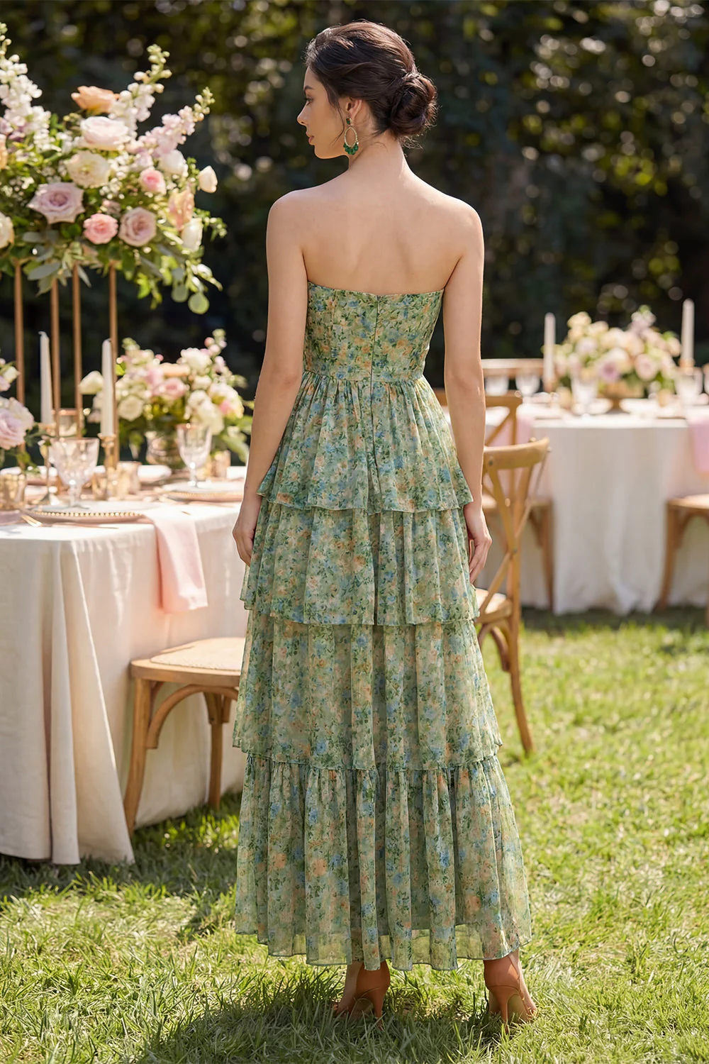 Robe Maxi à fleurs Corset A Strapless Busty Green Dusty avec volants - Image 2