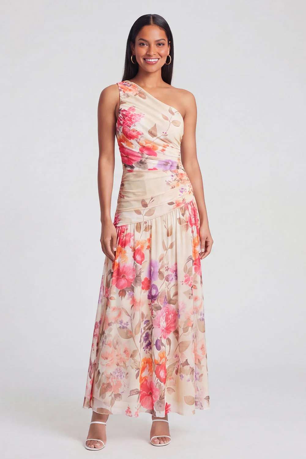 Robe Maxi à fleurs ivoire à une épaule A Line - Image 6
