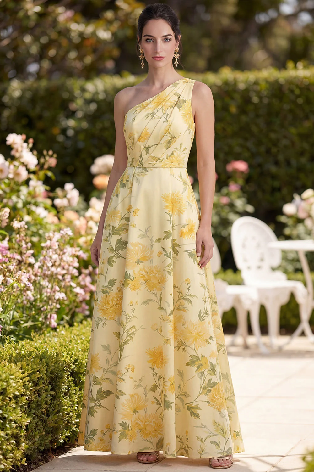 Robe Maxi A Line, fleur froncée à une épaule Jaune beurre