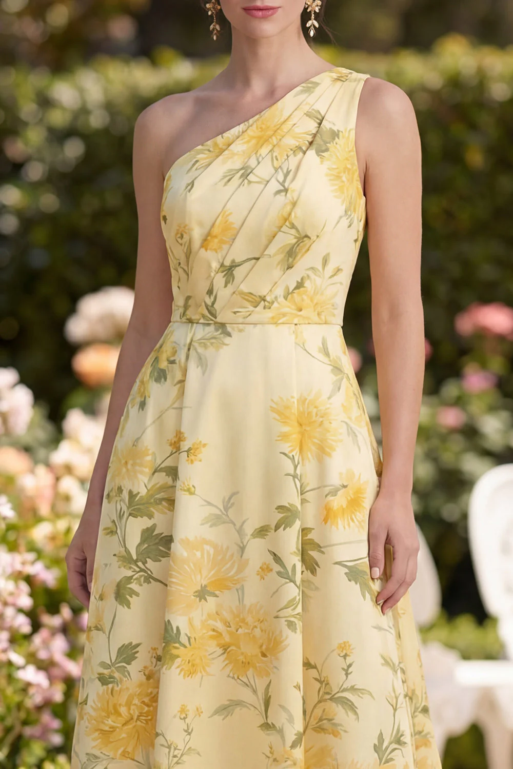 Robe Maxi A Line, fleur froncée à une épaule Jaune beurre - Image 3
